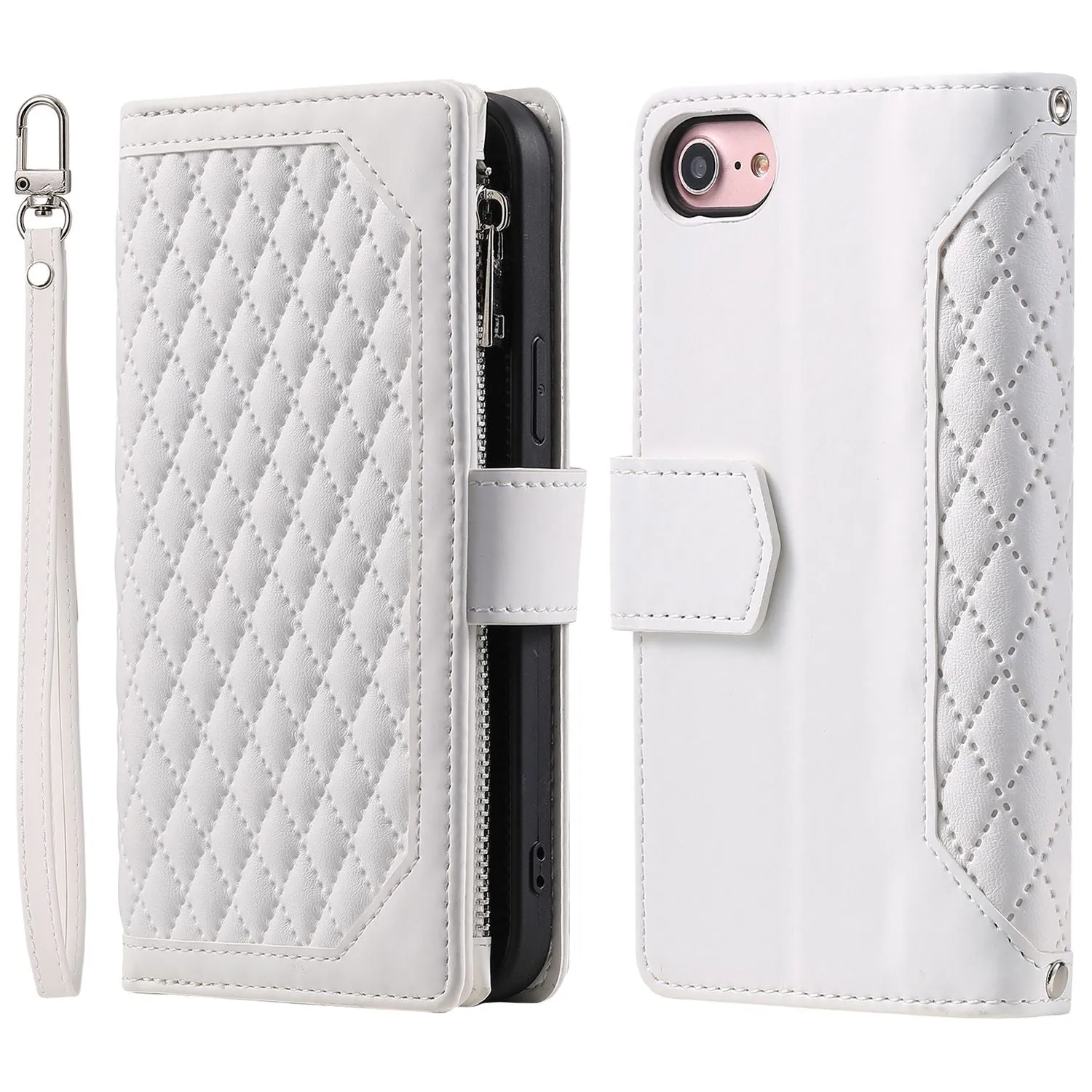 005 Style for iPhone SE (2022) / (2020) / 7 / 8 4.7 inch Rhombus Texture Leather Stand Case with Strap, Zipper Pocket Wallet Protective Phone Cover