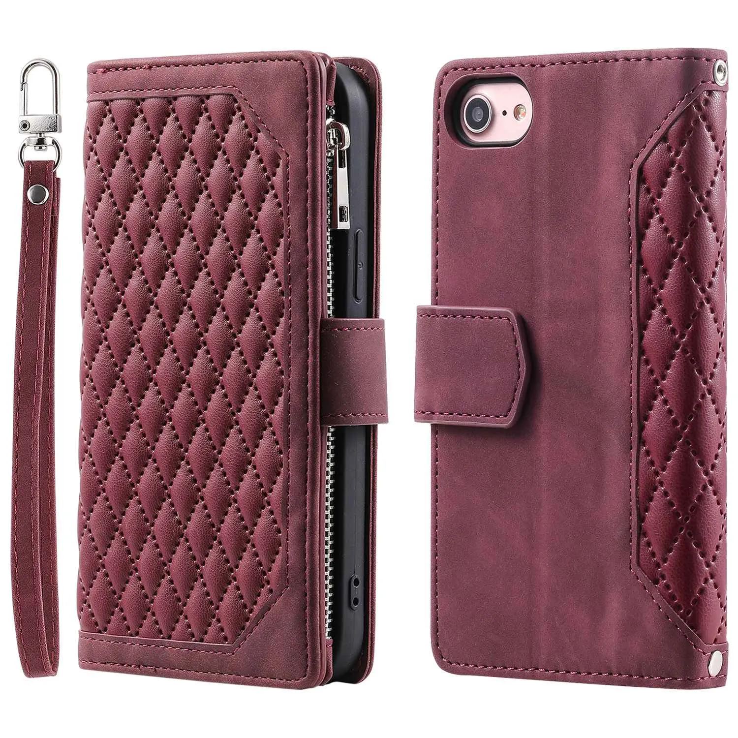 005 Style for iPhone SE (2022) / (2020) / 7 / 8 4.7 inch Rhombus Texture Leather Stand Case with Strap, Zipper Pocket Wallet Protective Phone Cover