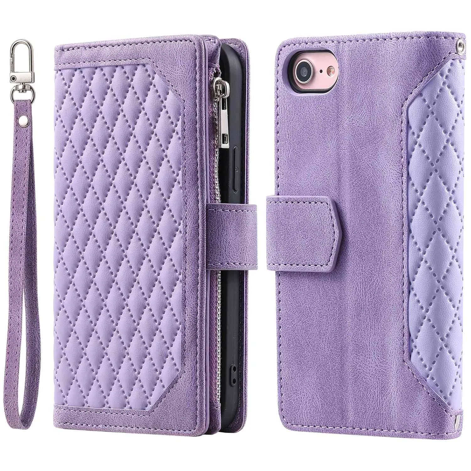 005 Style for iPhone SE (2022) / (2020) / 7 / 8 4.7 inch Rhombus Texture Leather Stand Case with Strap, Zipper Pocket Wallet Protective Phone Cover