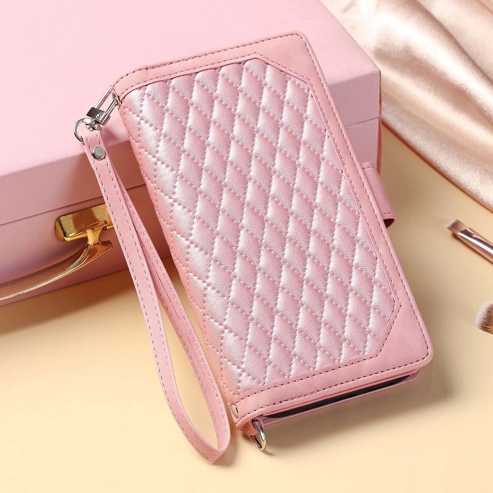 005 Style Phone Protective Cover for Samsung Galaxy A53 5G, Rhombus Texture PU Leather Zipper Pocket Stand Wallet Case with Wrist Strap