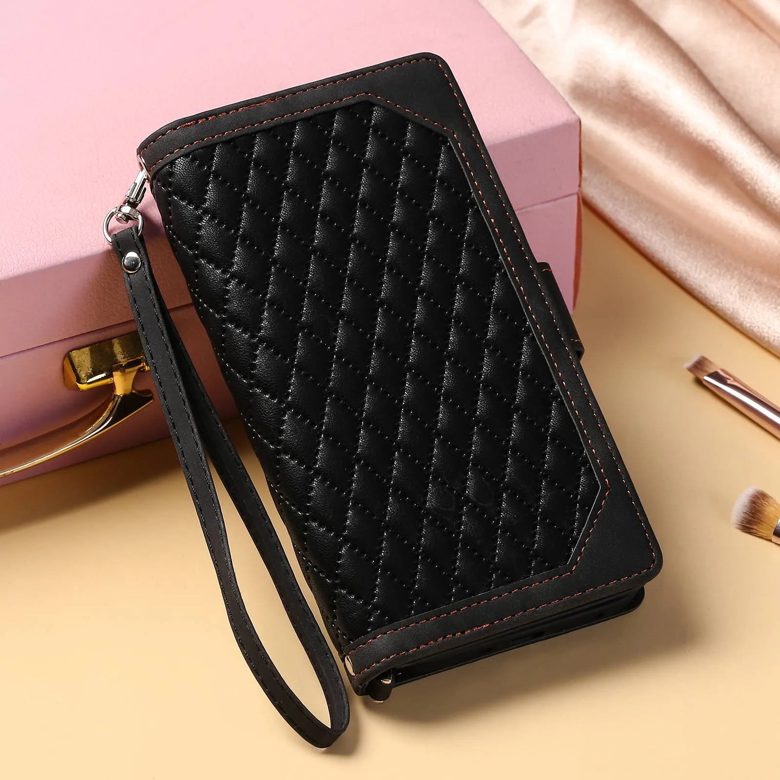 005 Style Phone Protective Cover for Samsung Galaxy A53 5G, Rhombus Texture PU Leather Zipper Pocket Stand Wallet Case with Wrist Strap