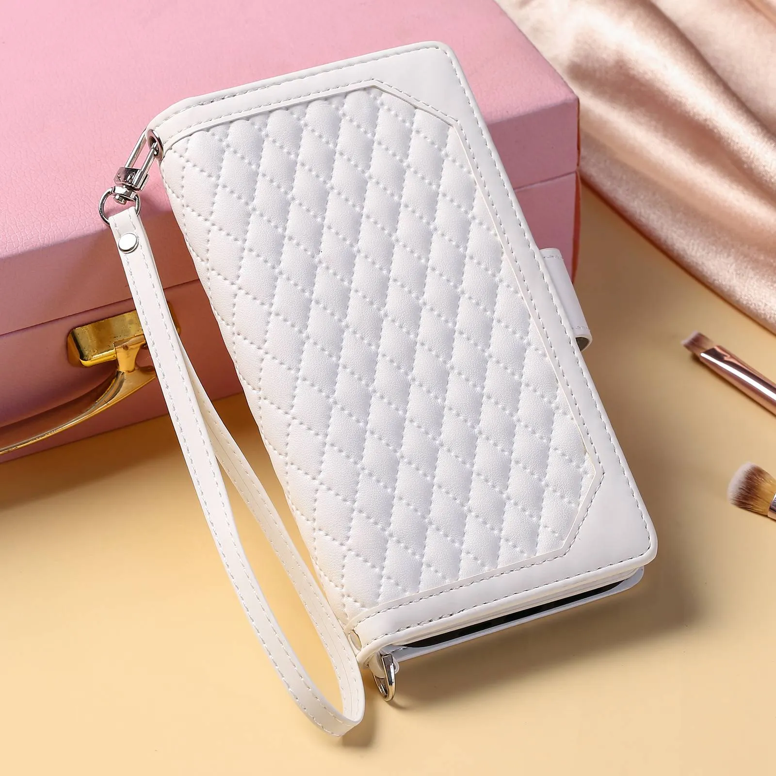 005 Style Phone Protective Cover for Samsung Galaxy A53 5G, Rhombus Texture PU Leather Zipper Pocket Stand Wallet Case with Wrist Strap