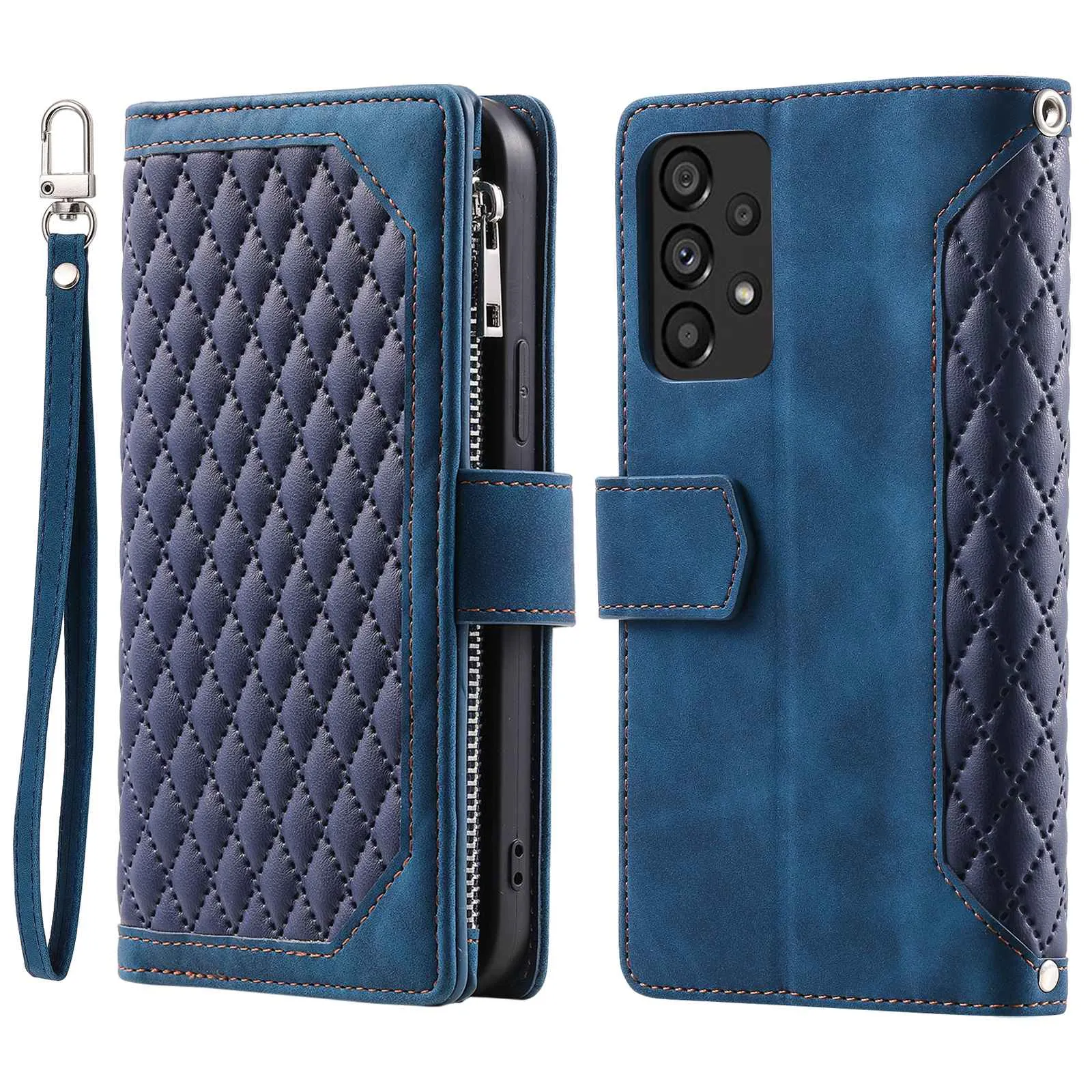 005 Style Phone Protective Cover for Samsung Galaxy A53 5G, Rhombus Texture PU Leather Zipper Pocket Stand Wallet Case with Wrist Strap