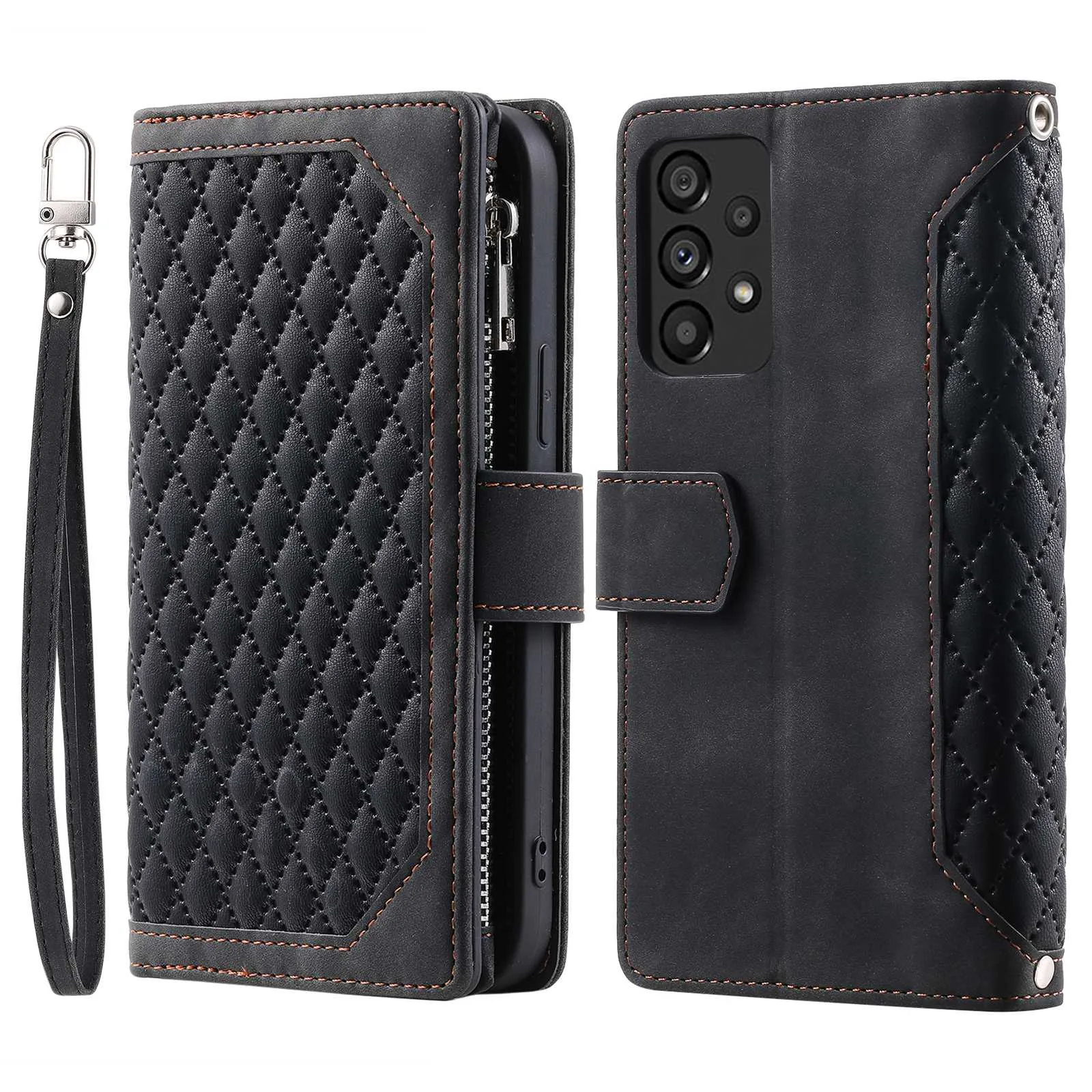 005 Style Phone Protective Cover for Samsung Galaxy A53 5G, Rhombus Texture PU Leather Zipper Pocket Stand Wallet Case with Wrist Strap