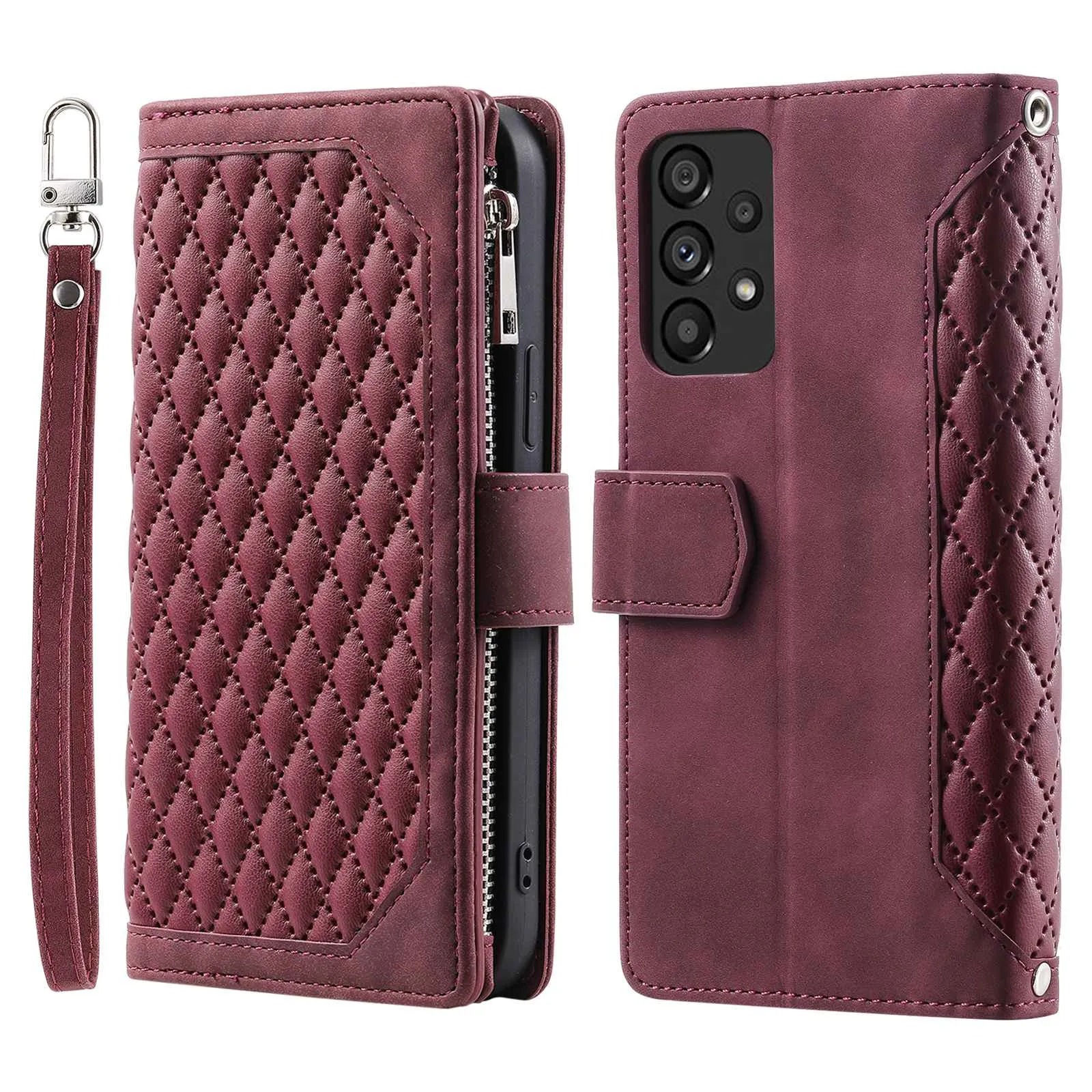 005 Style Phone Protective Cover for Samsung Galaxy A53 5G, Rhombus Texture PU Leather Zipper Pocket Stand Wallet Case with Wrist Strap