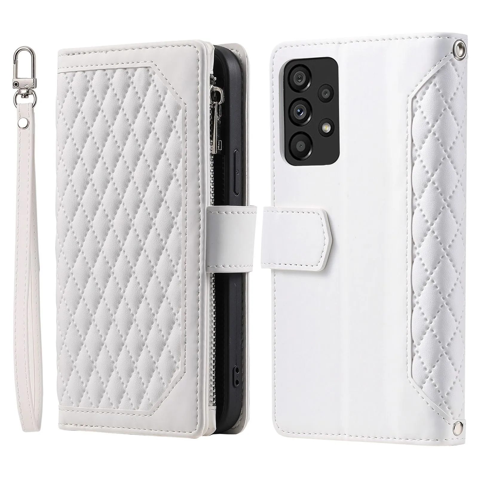 005 Style Phone Protective Cover for Samsung Galaxy A53 5G, Rhombus Texture PU Leather Zipper Pocket Stand Wallet Case with Wrist Strap