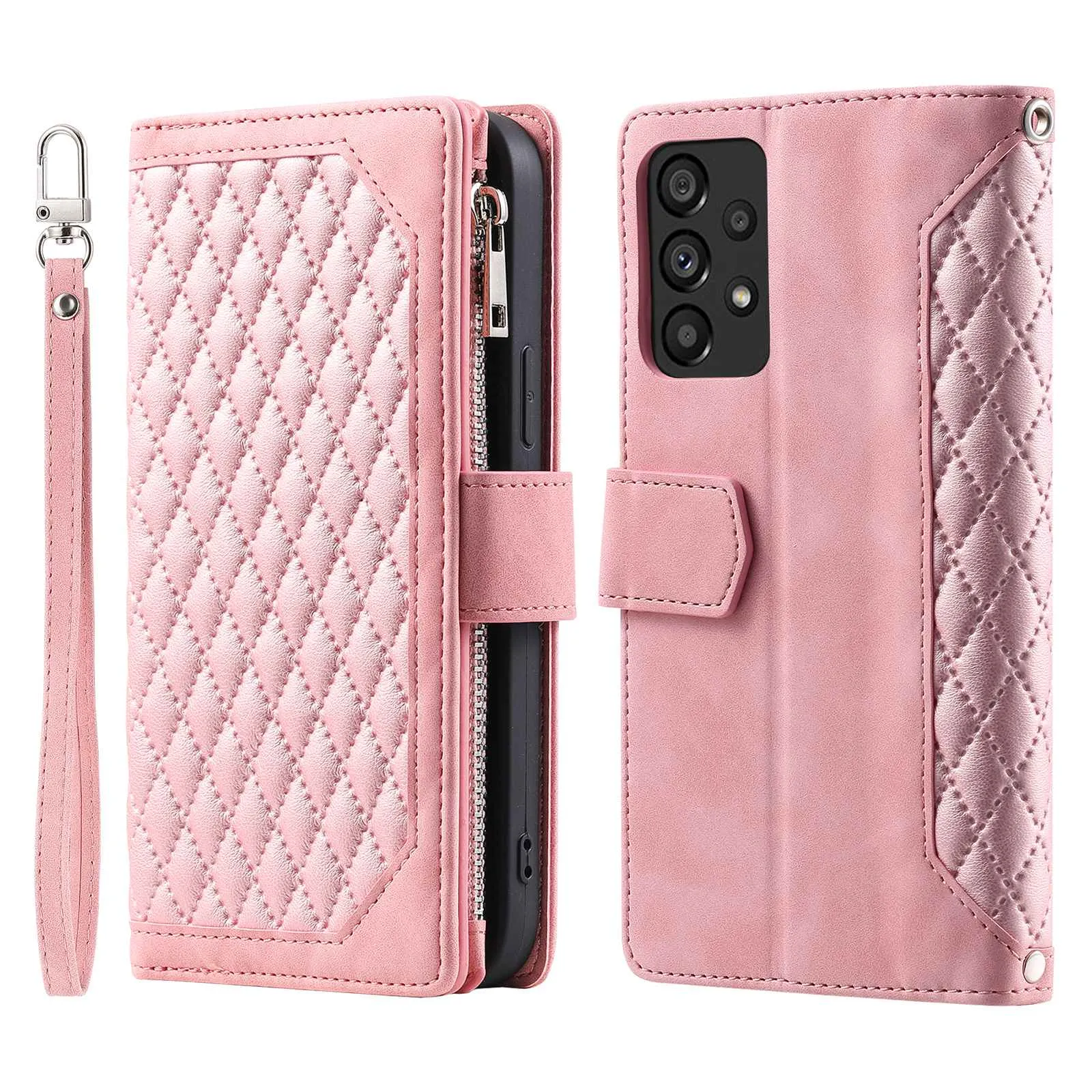 005 Style Phone Protective Cover for Samsung Galaxy A53 5G, Rhombus Texture PU Leather Zipper Pocket Stand Wallet Case with Wrist Strap