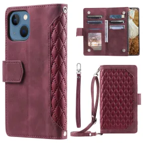 005 Style Rhombus Texture PU Leather Phone Case For iPhone 13 mini 5.4 inch, Card Holder Anti-fall Shock-absorption Zipper Pocket Wallet Cover Stand with Strap