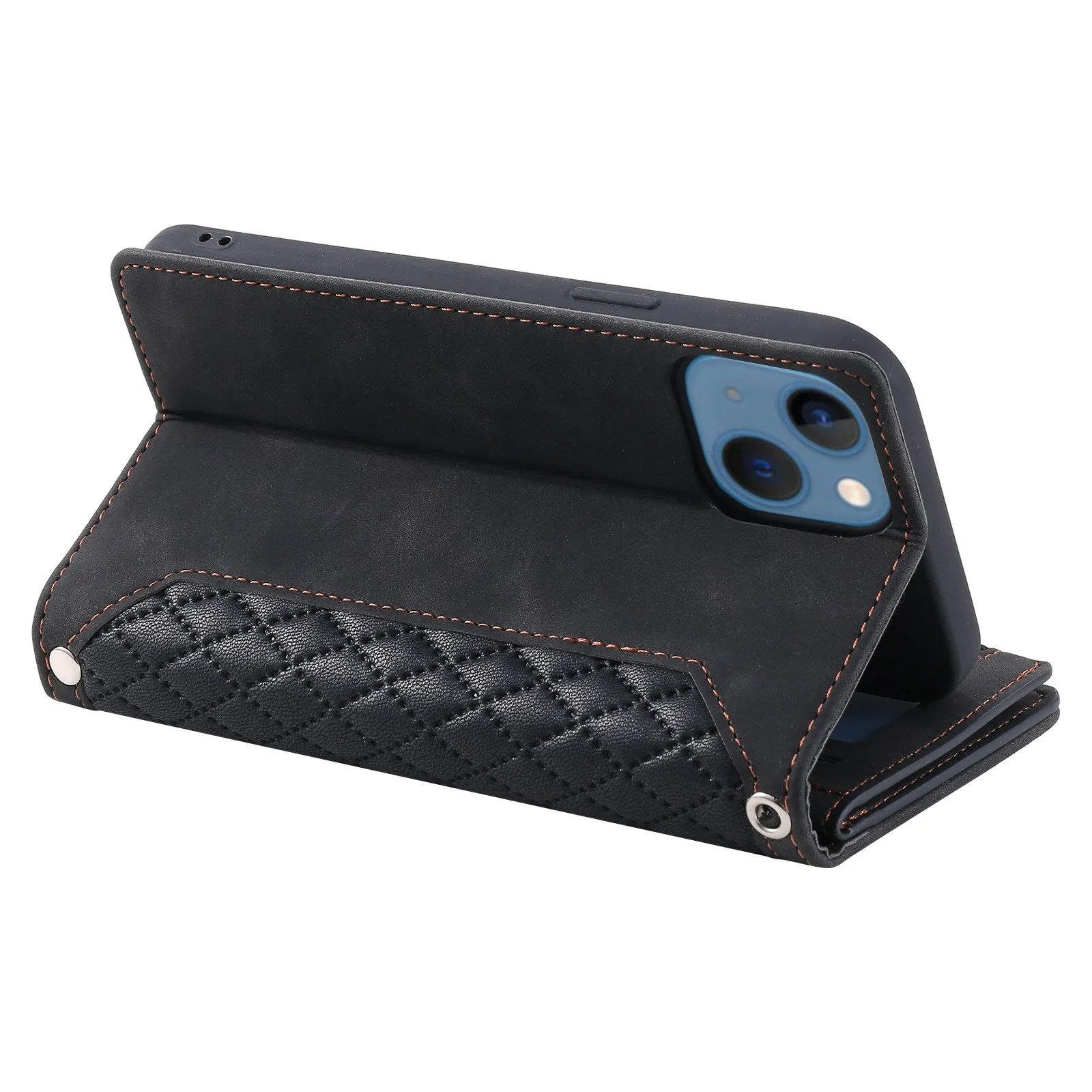 005 Style Rhombus Texture PU Leather Phone Case For iPhone 13 mini 5.4 inch, Card Holder Anti-fall Shock-absorption Zipper Pocket Wallet Cover Stand with Strap