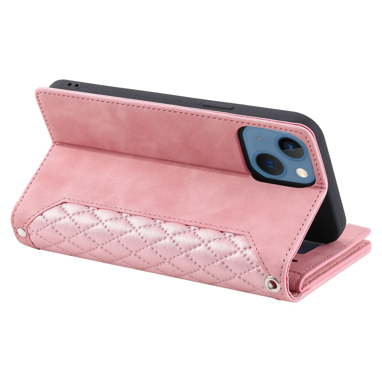 005 Style Rhombus Texture PU Leather Phone Case For iPhone 13 mini 5.4 inch, Card Holder Anti-fall Shock-absorption Zipper Pocket Wallet Cover Stand with Strap