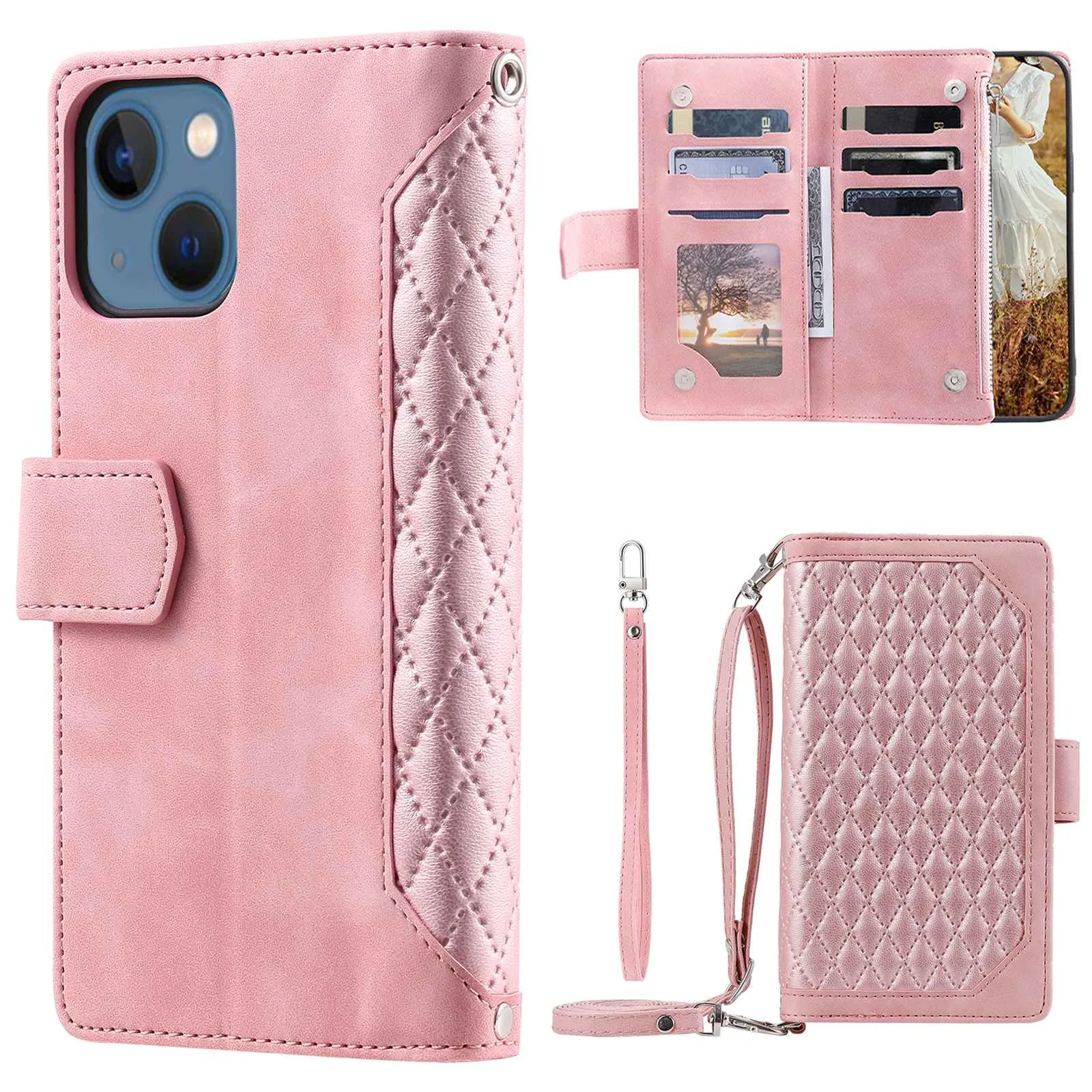 005 Style Rhombus Texture PU Leather Phone Case For iPhone 13 mini 5.4 inch, Card Holder Anti-fall Shock-absorption Zipper Pocket Wallet Cover Stand with Strap