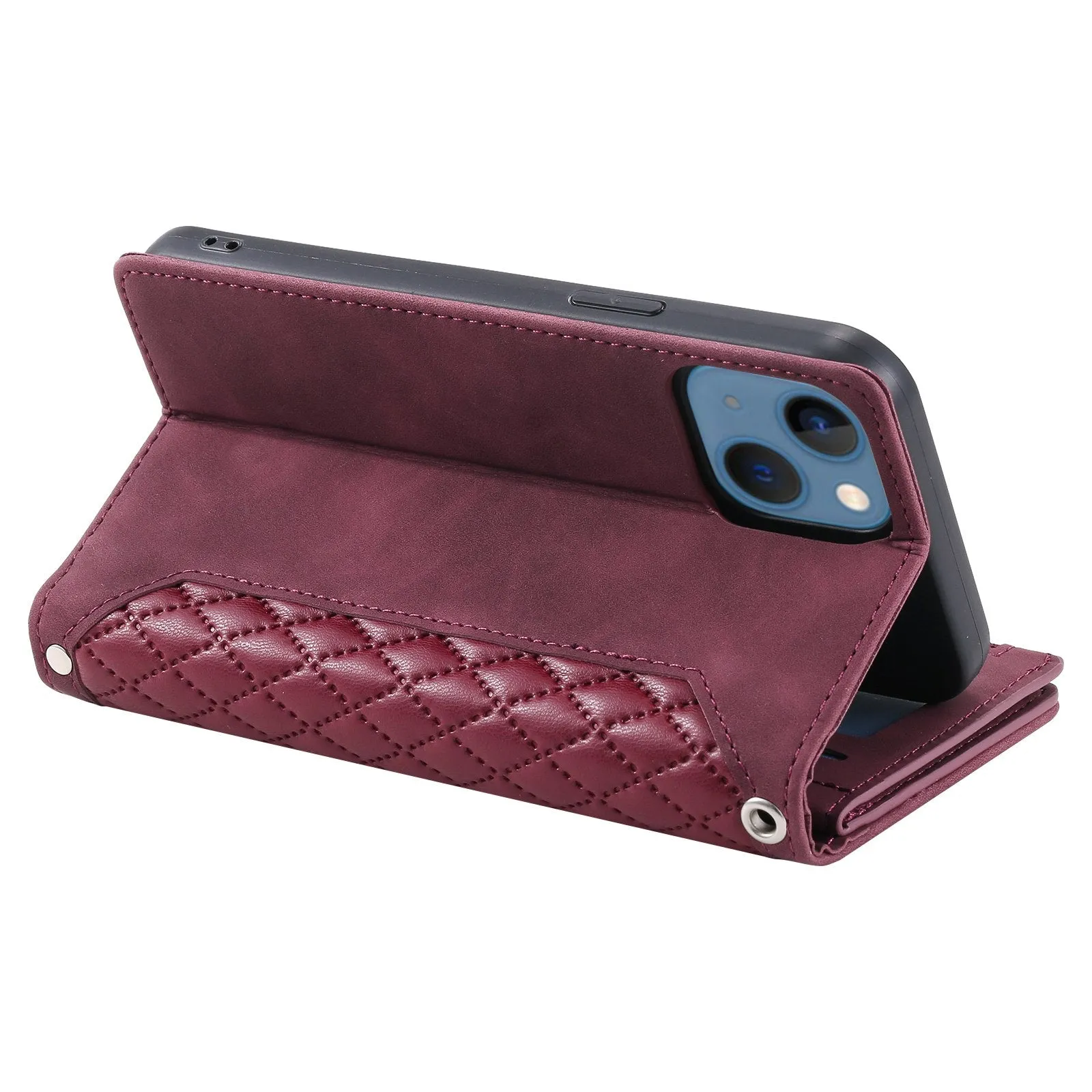 005 Style Rhombus Texture PU Leather Phone Case For iPhone 13 mini 5.4 inch, Card Holder Anti-fall Shock-absorption Zipper Pocket Wallet Cover Stand with Strap