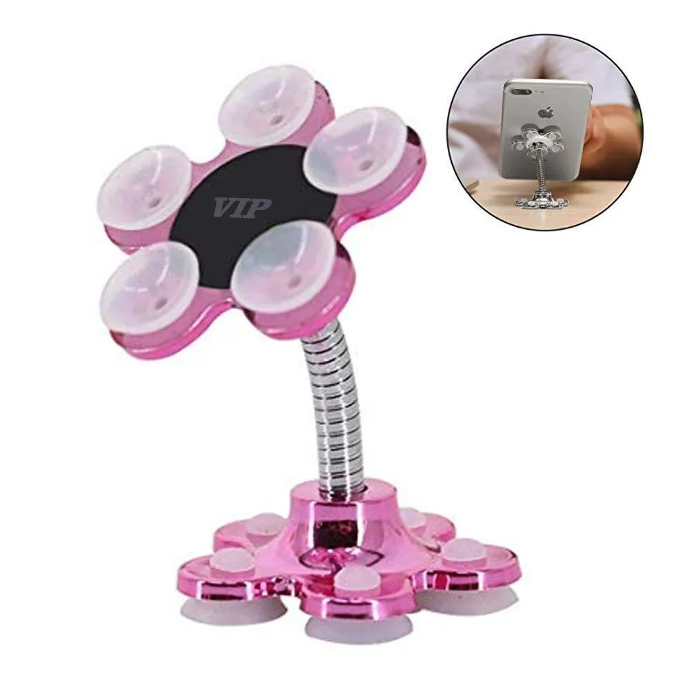 0637 -360 Rotatable Flower Shape Cellphone Holder Car & Mount Sucker Stand (Multicolored With Box))