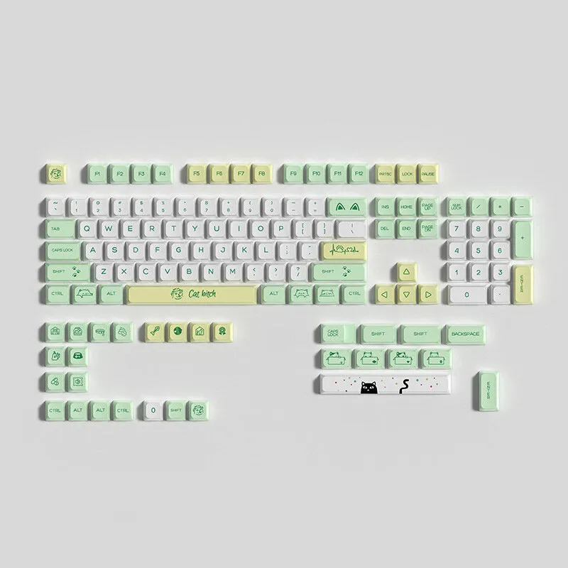 133 Keys Green Meow PBT Keycap Set XDA Profile Sublimation Keycaps for Mechanical Keyboards