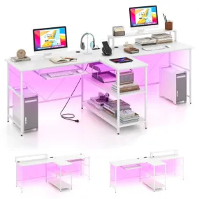 2-Person Reversible Computer Desk Long Office Desk with LED Lights-White