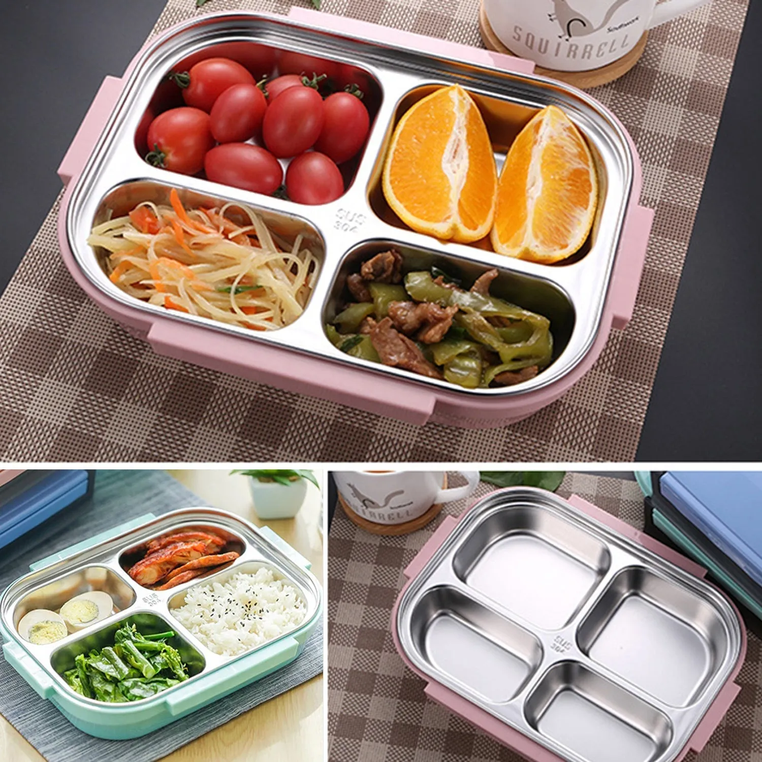 2979 Black Transparent 4 Compartment Lunch Box for Kids and adults, Stainless Steel Lunch Box with 4 Compartments.