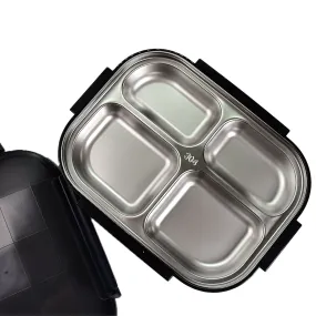 2979 Black Transparent 4 Compartment Lunch Box for Kids and adults, Stainless Steel Lunch Box with 4 Compartments.