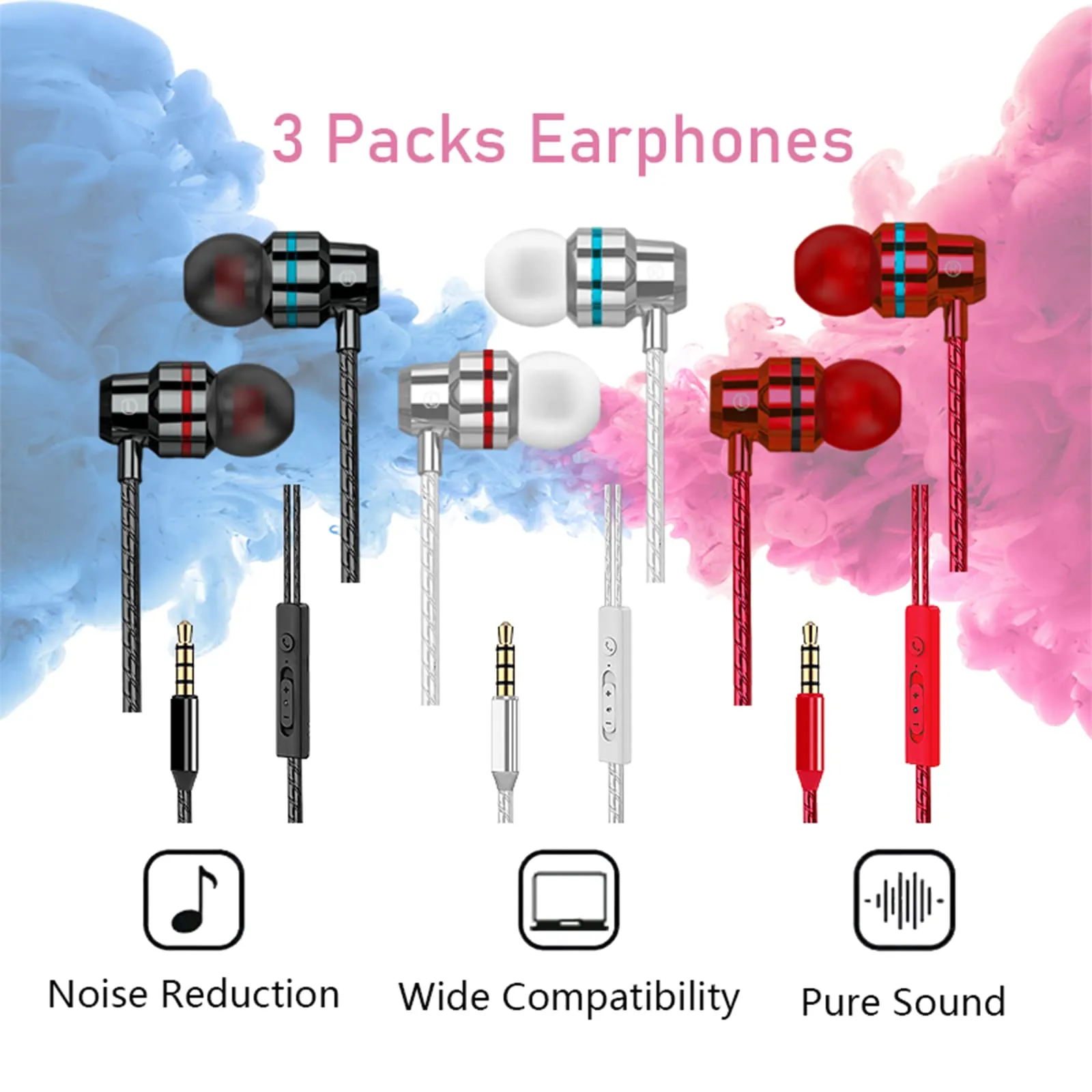 3 Pack Wired Earbuds, Wired in-Ear Headphones with Microphone and Volume Control, Noise Isolation, Pure Sound, Lightweight 3.5mm Earbuds Compatible with Samsung, Tablets, Laptops, MP3 and etc.