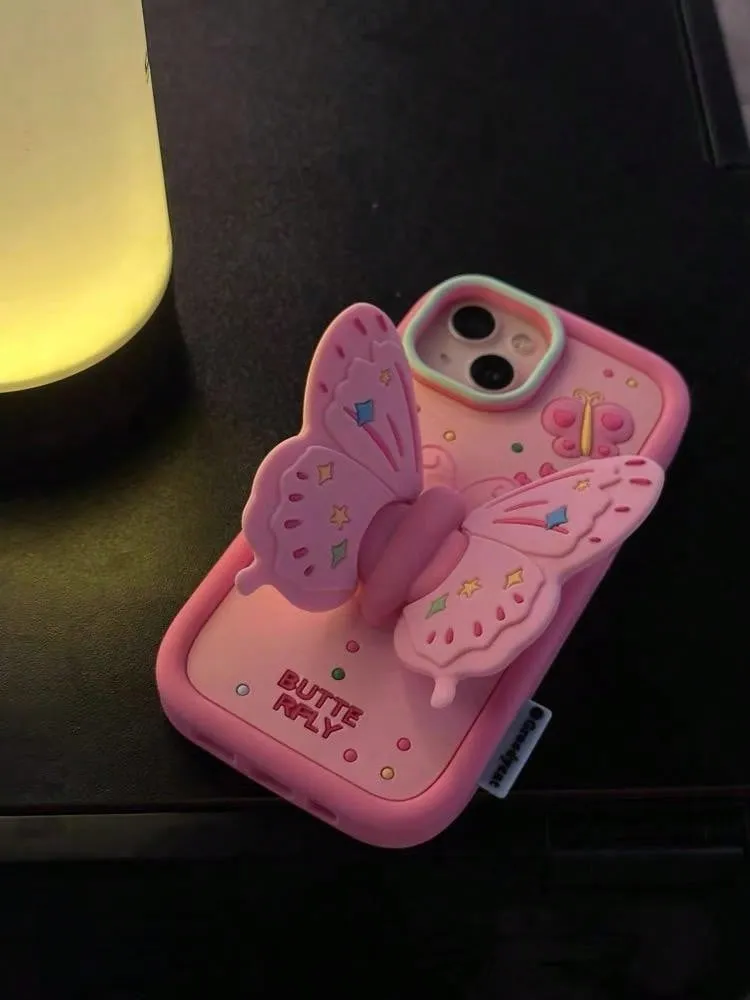 3d Cute Pink Butterfly Design Case With Stand Holder, Compatible With Iphone 14 / 12 Pro Max / 11 / Silicon 13 (For Women) Compatible With IPhone15/15Plus/15Pro/15Promax Kawaii