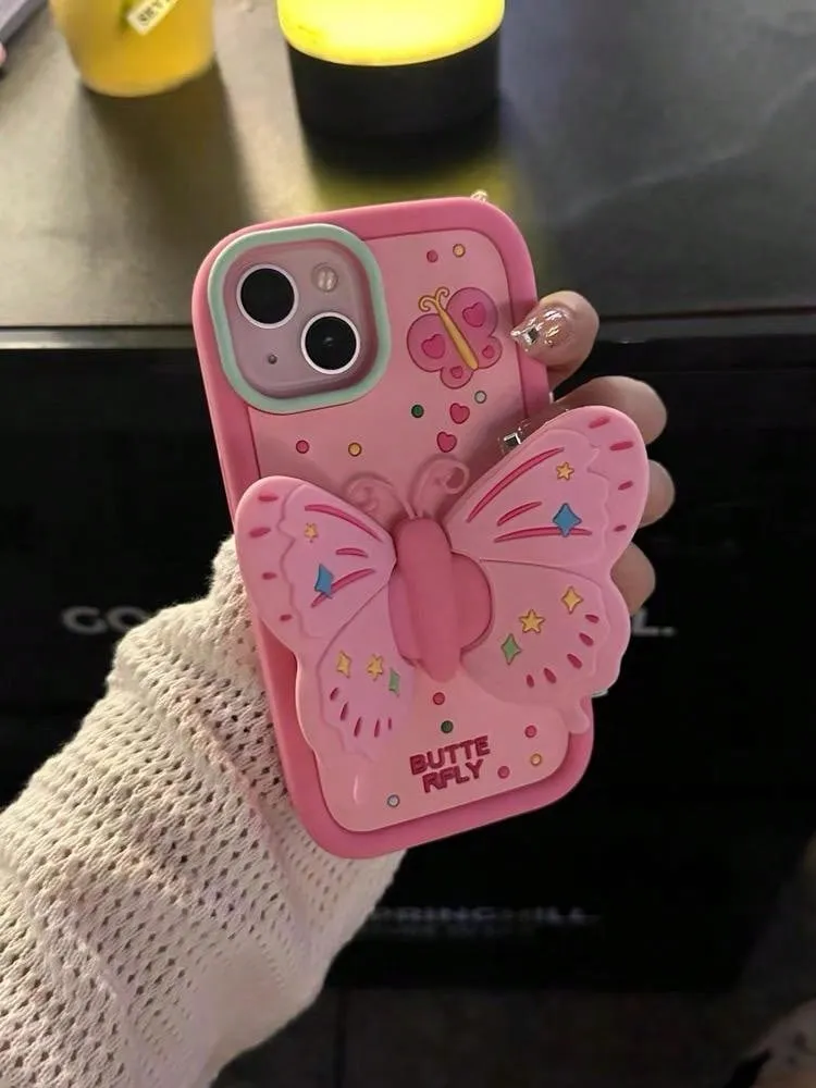 3d Cute Pink Butterfly Design Case With Stand Holder, Compatible With Iphone 14 / 12 Pro Max / 11 / Silicon 13 (For Women) Compatible With IPhone15/15Plus/15Pro/15Promax Kawaii