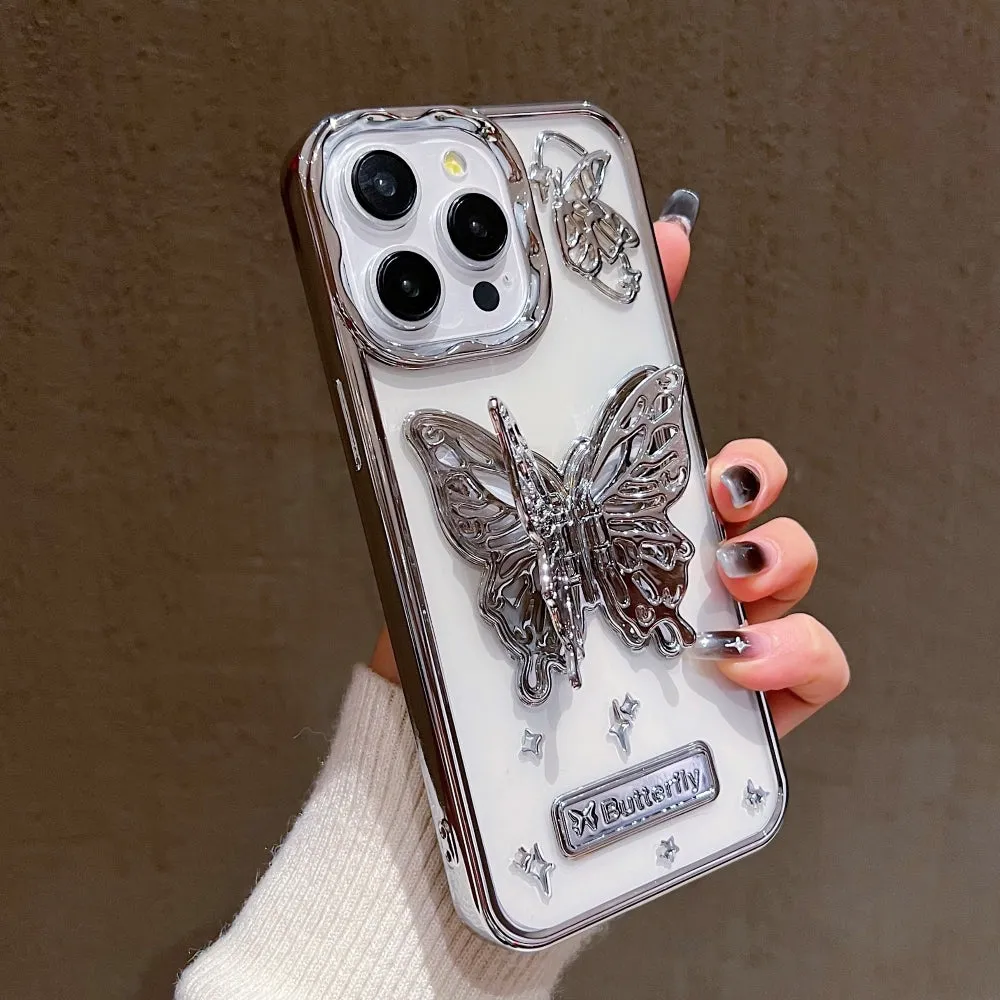 3D Electroplated Butterfly Folding Stand Embossed Phone Cover - iPhone 13 Pro