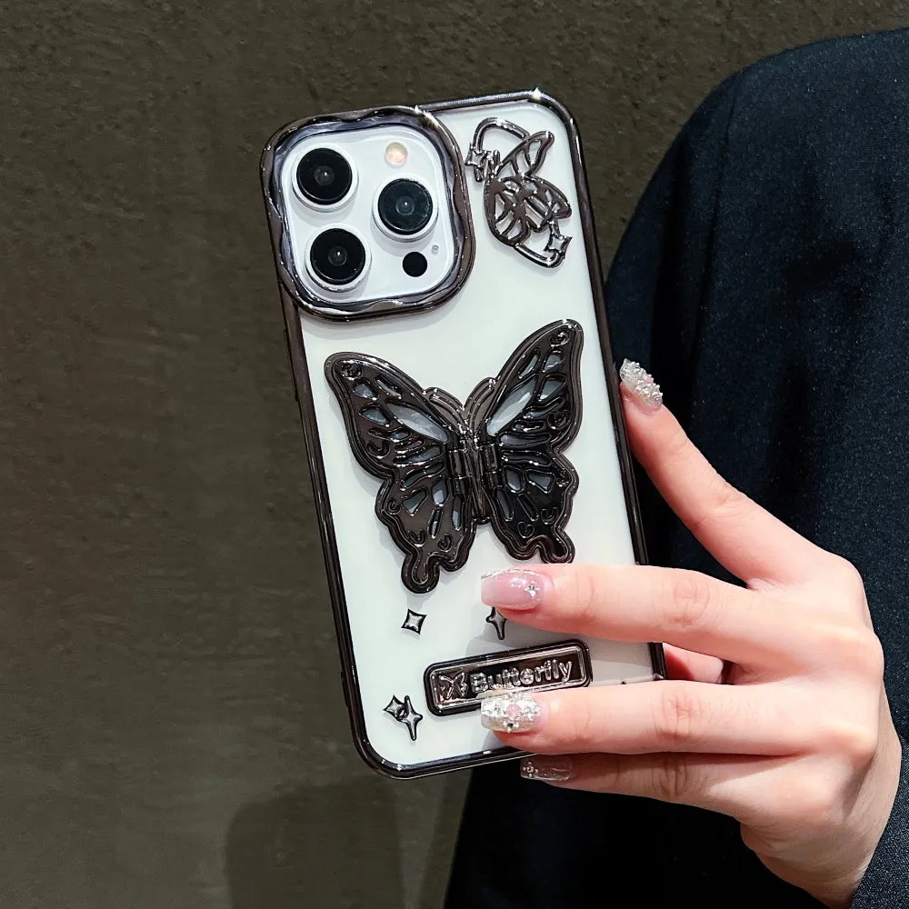 3D Electroplated Butterfly Folding Stand Embossed Phone Cover - iPhone 13 Pro