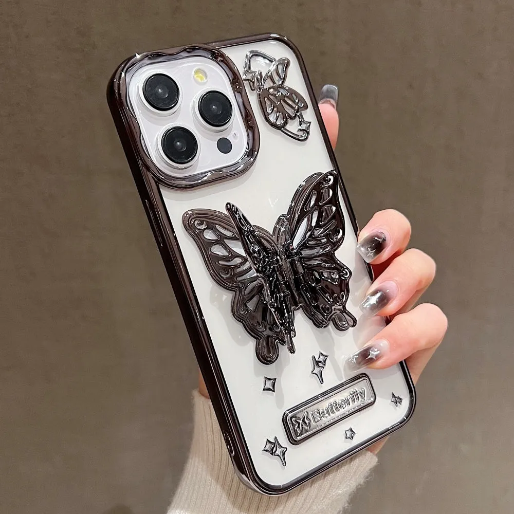 3D Electroplated Butterfly Folding Stand Embossed Phone Cover - iPhone 13 Pro