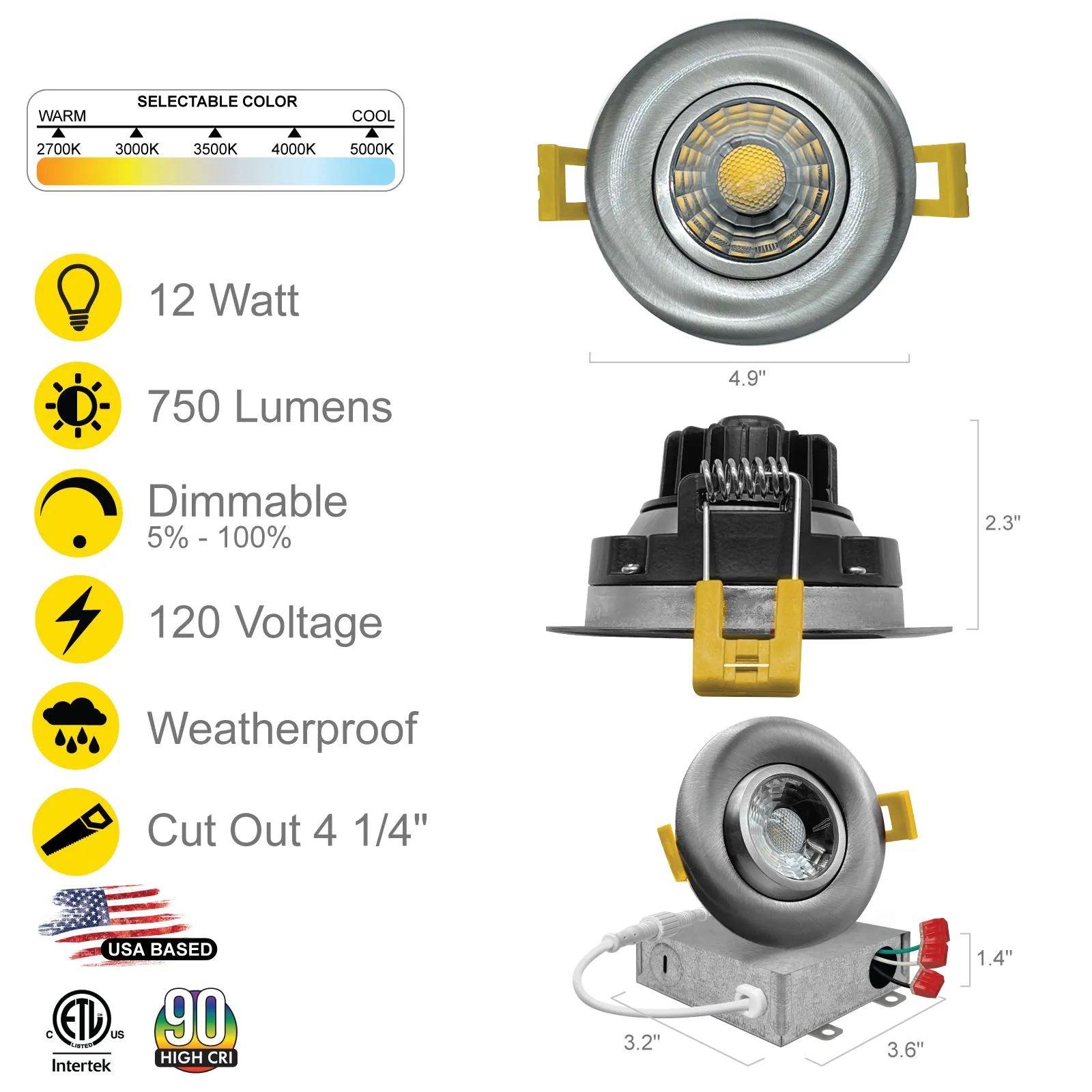 4" Inch Brushed Nickel Gimbal Recessed Light Canless LED Lighting - Damp Rated - 5CCT 2700K-5000K - 750LM