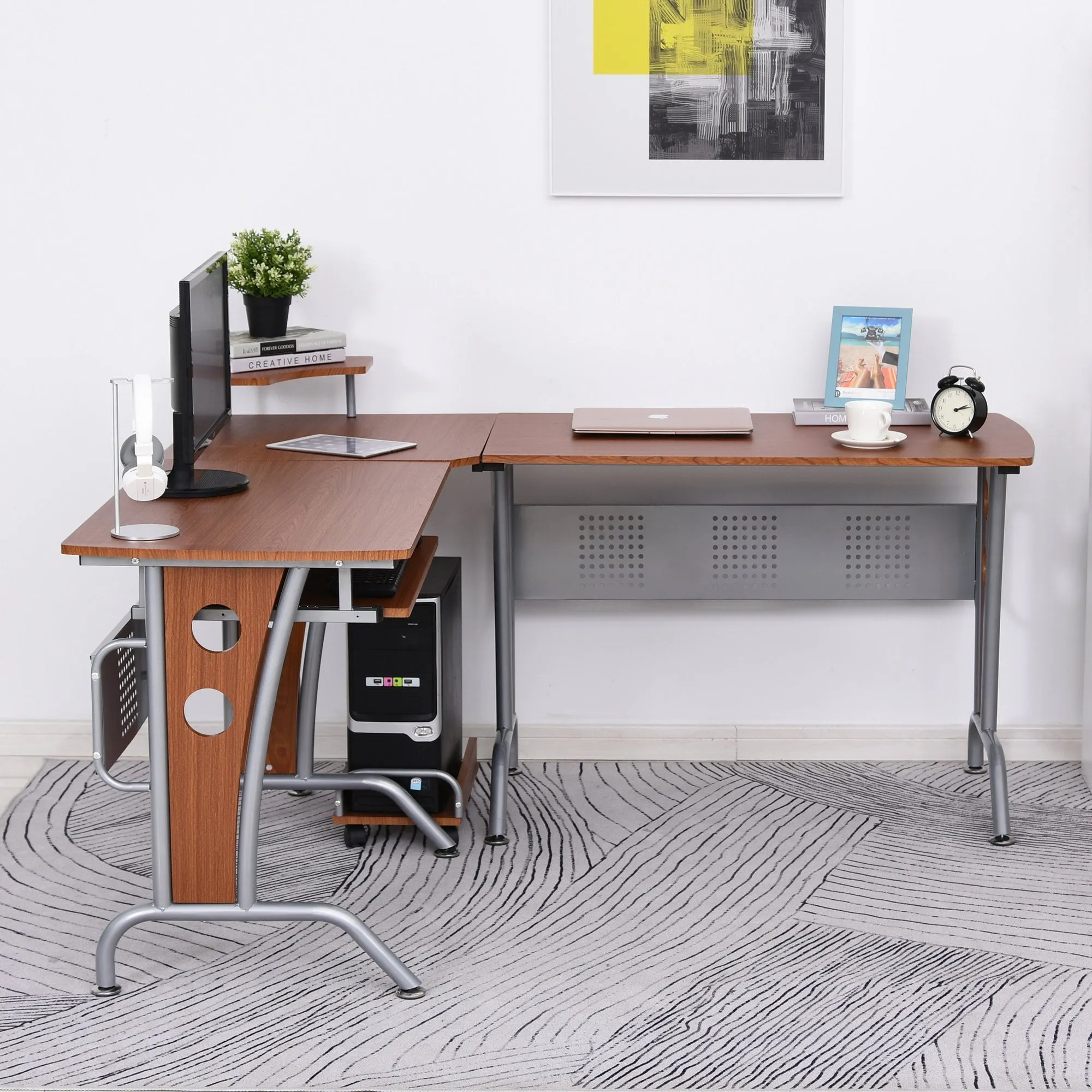 86.5H x 170L x 140W cm Steel MDF Top L-Shaped Corner Desk w/ Keyboard Tray Brown