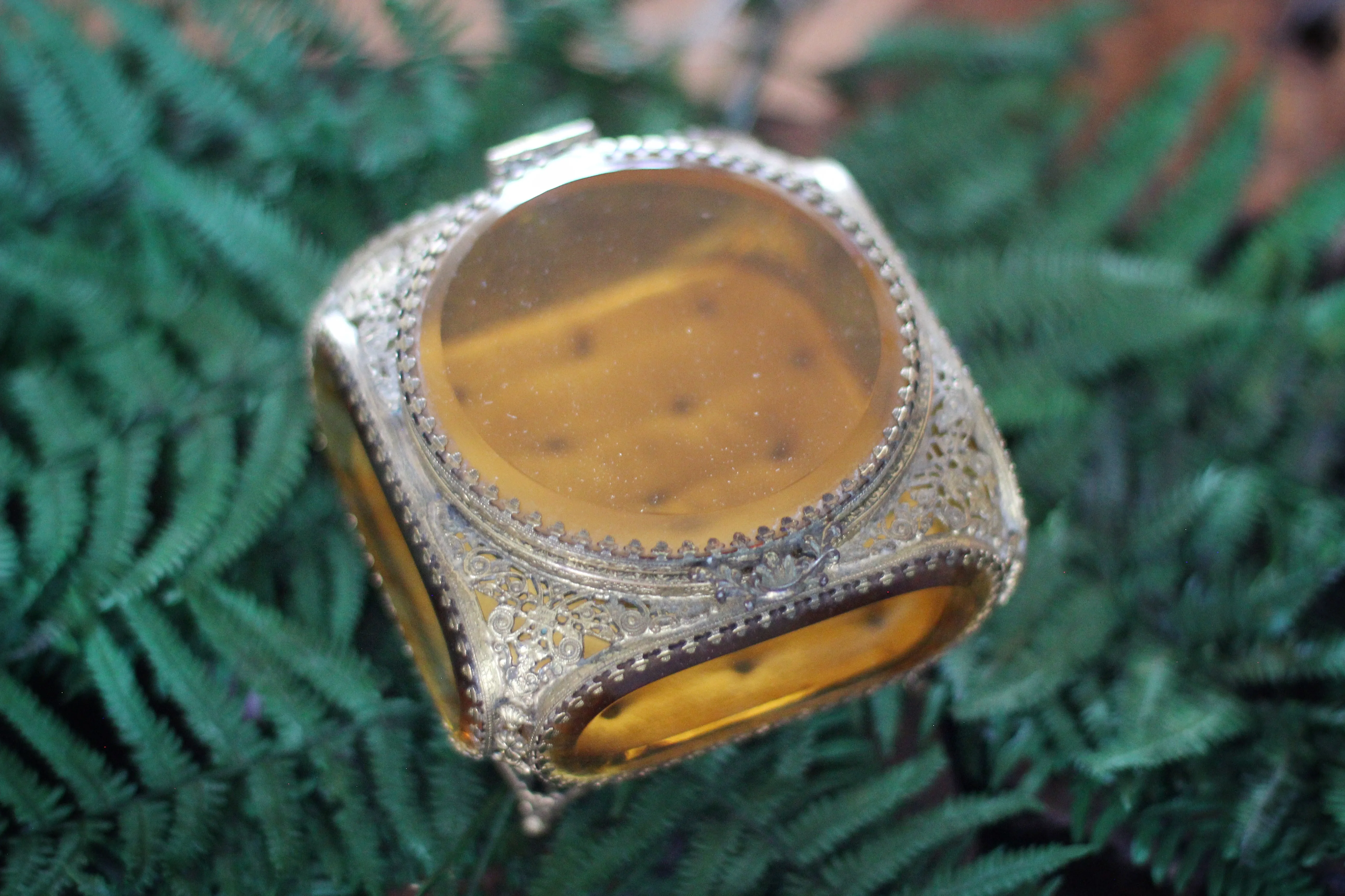 Antique Filigree Amber Glass Jewelry Box