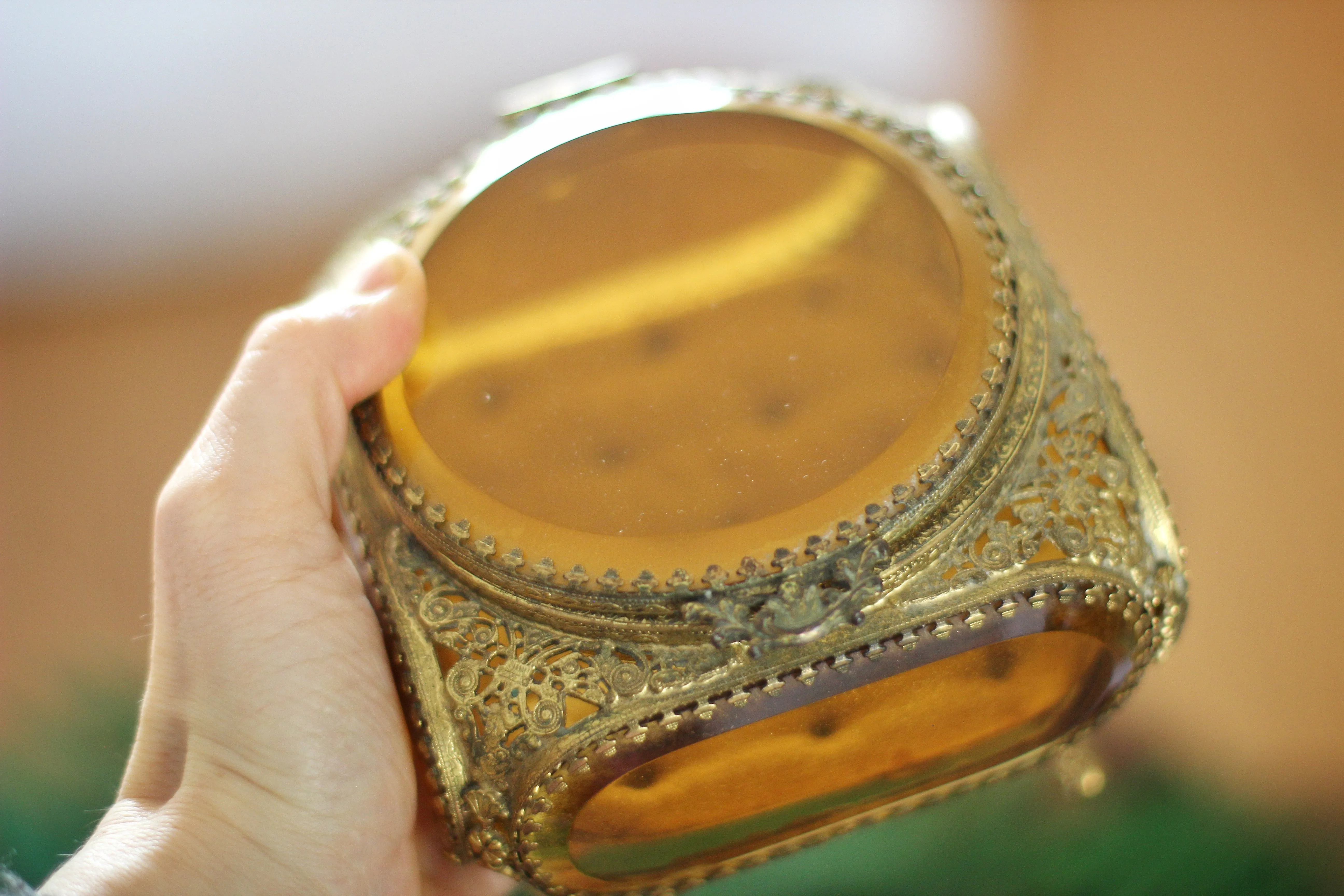 Antique Filigree Amber Glass Jewelry Box