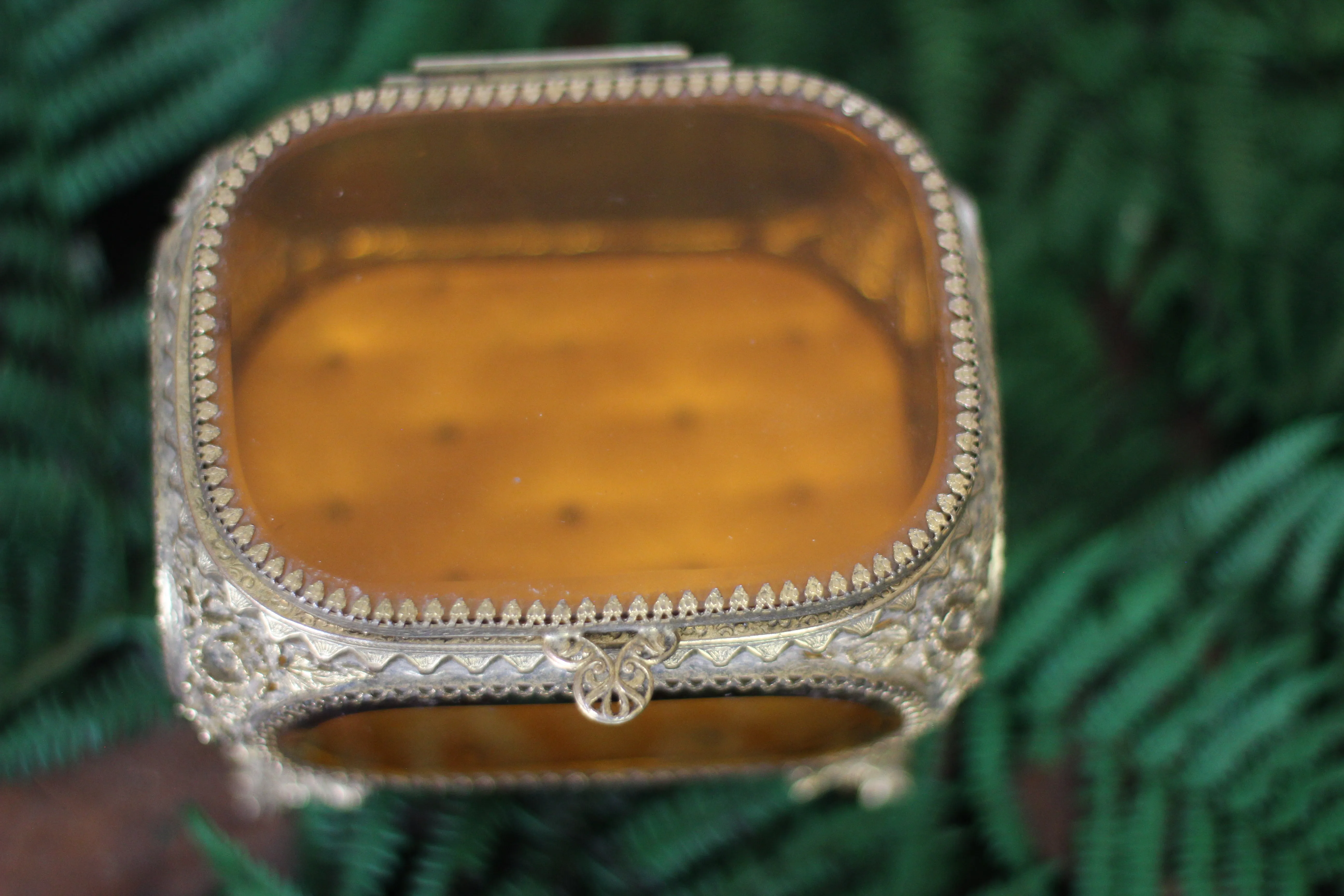 Antique Floral Amber Tinted Glass Jewelry Box