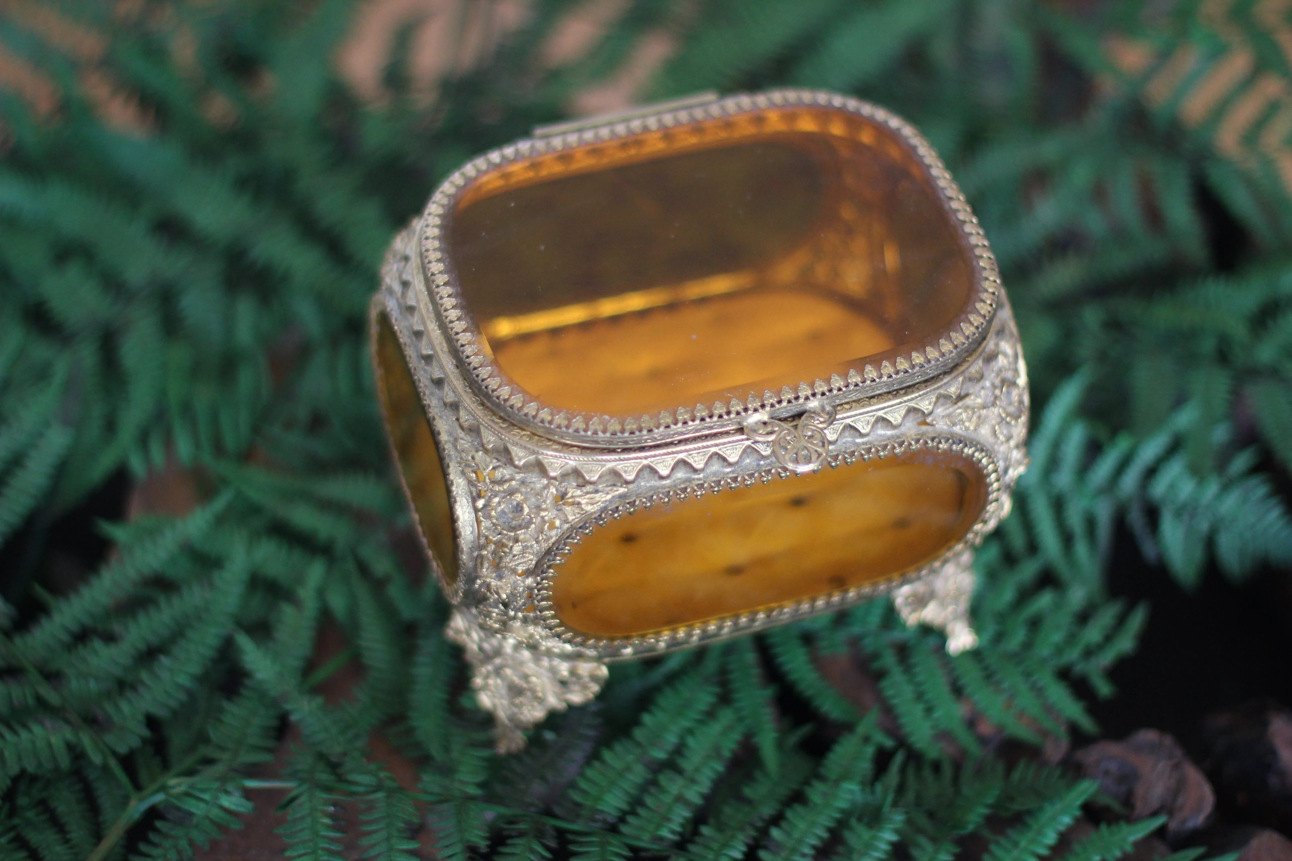 Antique Floral Amber Tinted Glass Jewelry Box