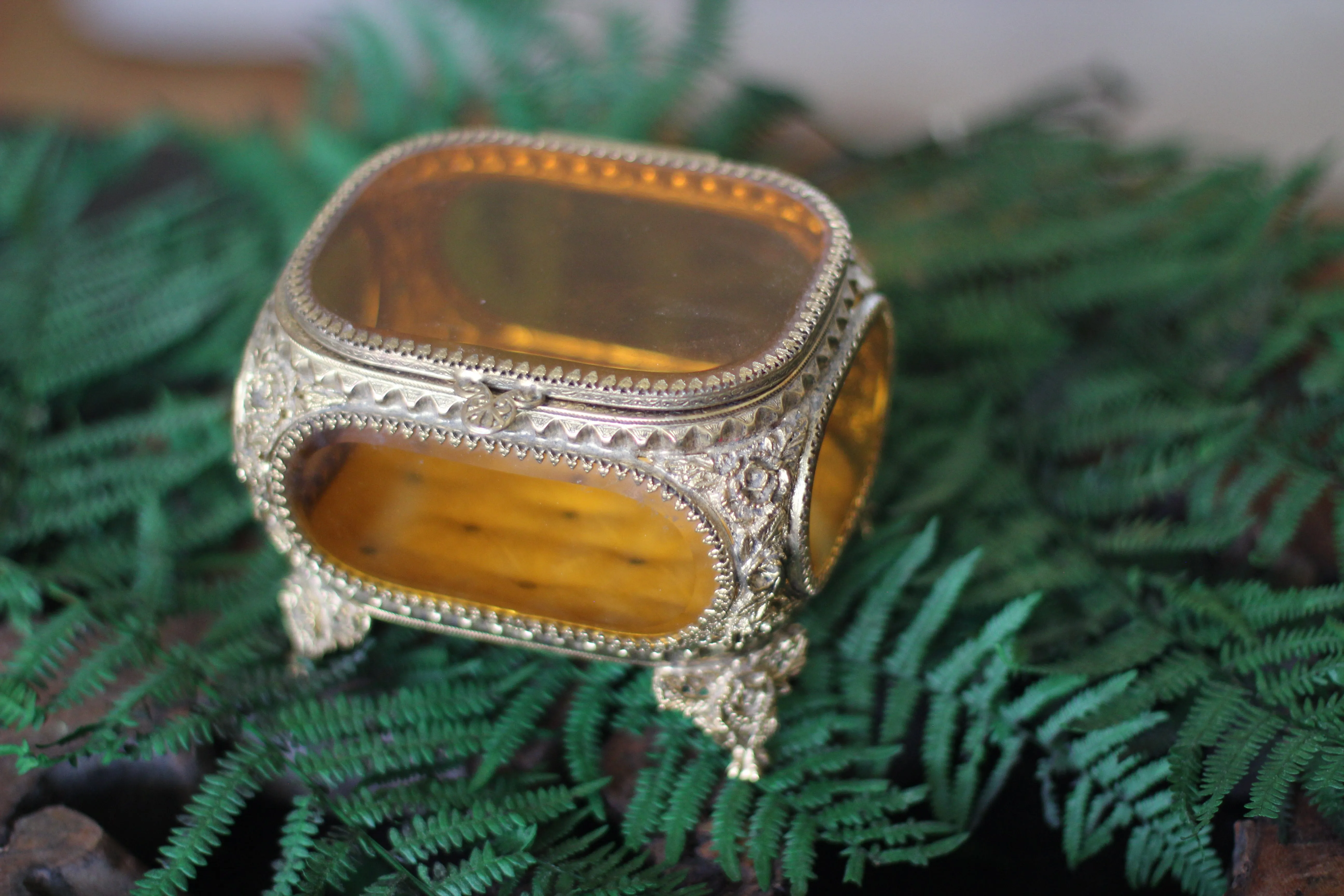 Antique Floral Amber Tinted Glass Jewelry Box