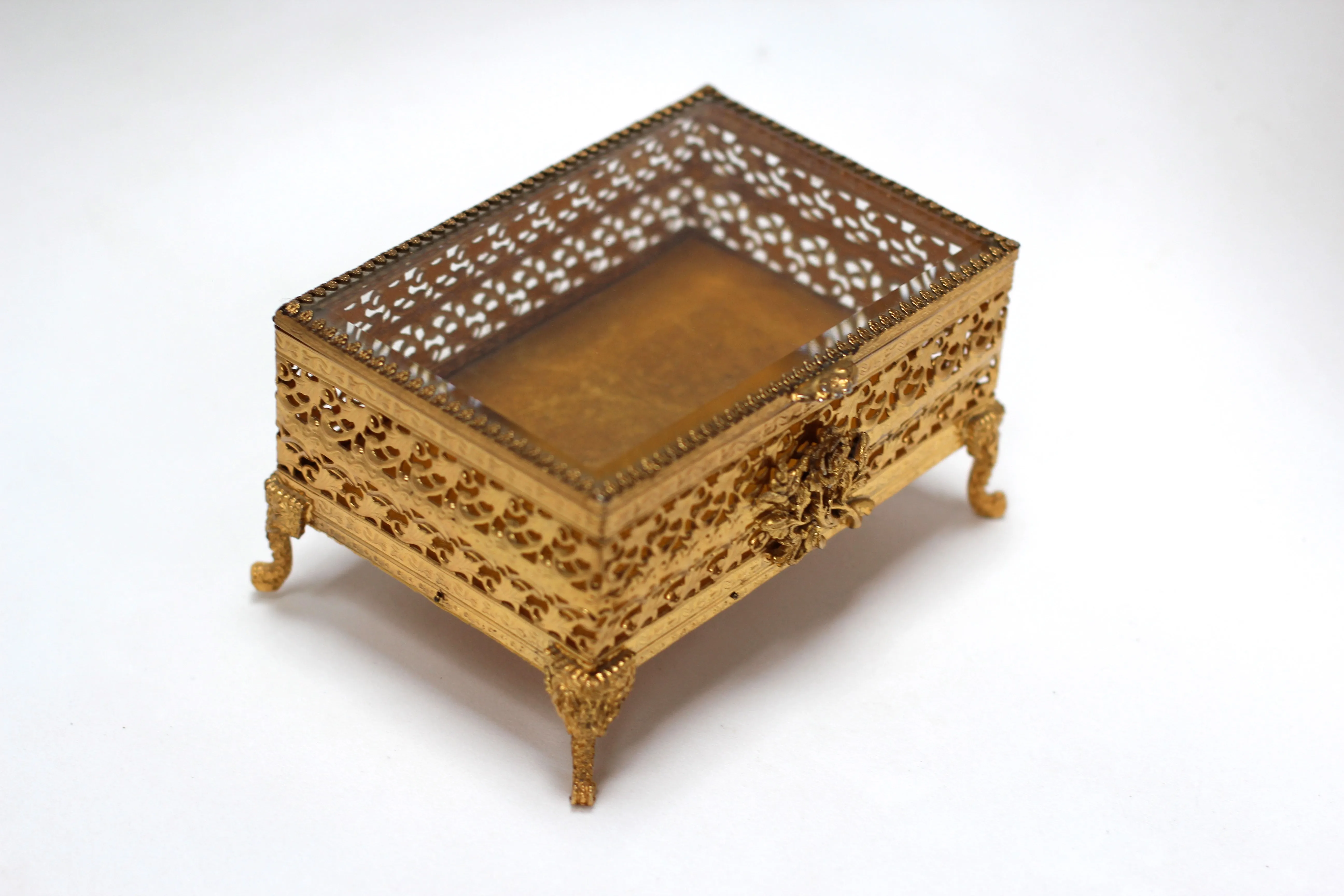 Antique Floral Rose Ormolu Bronze Filigree Jewelry Box No. 117