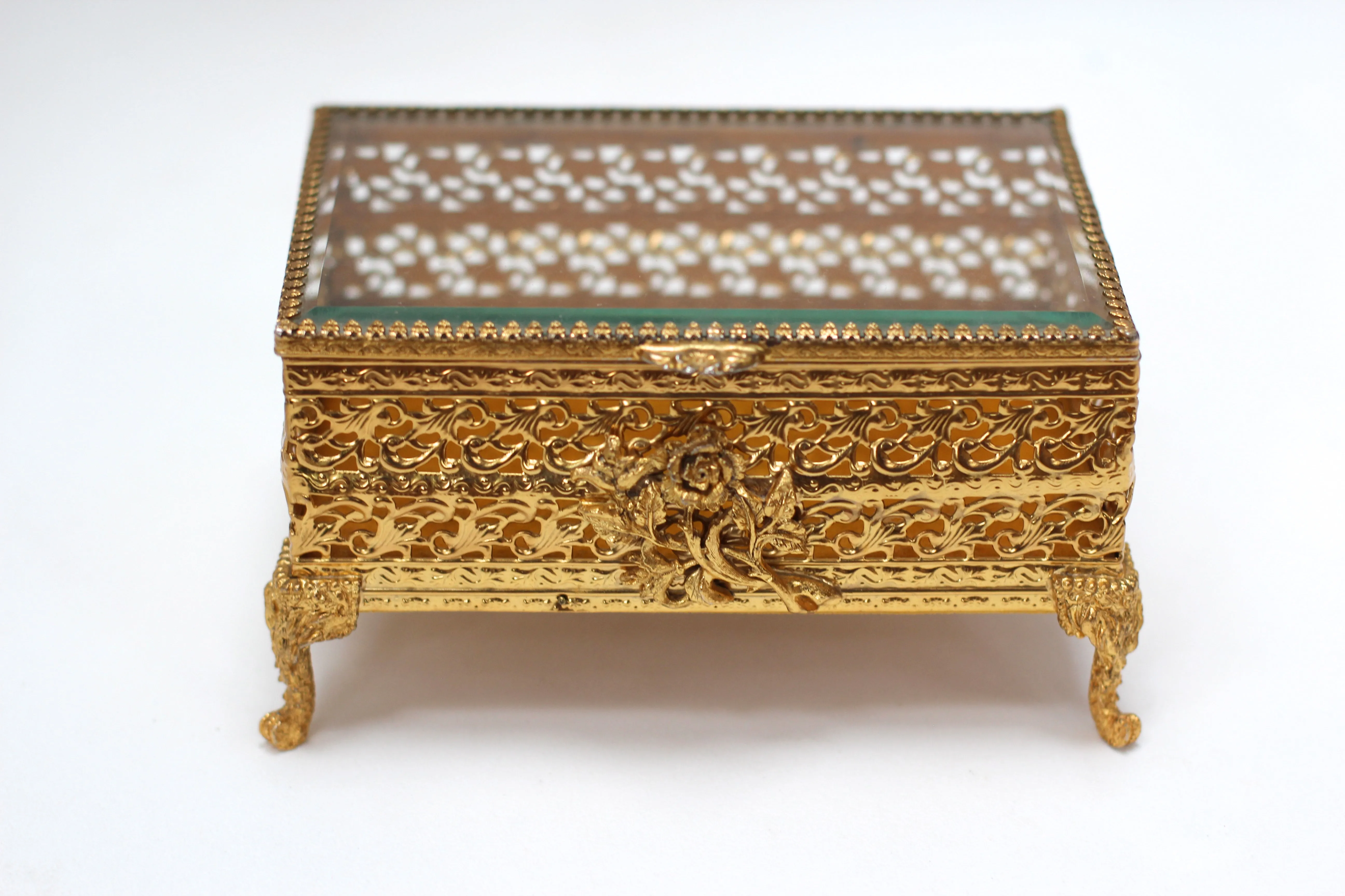 Antique Floral Rose Ormolu Bronze Filigree Jewelry Box No. 117