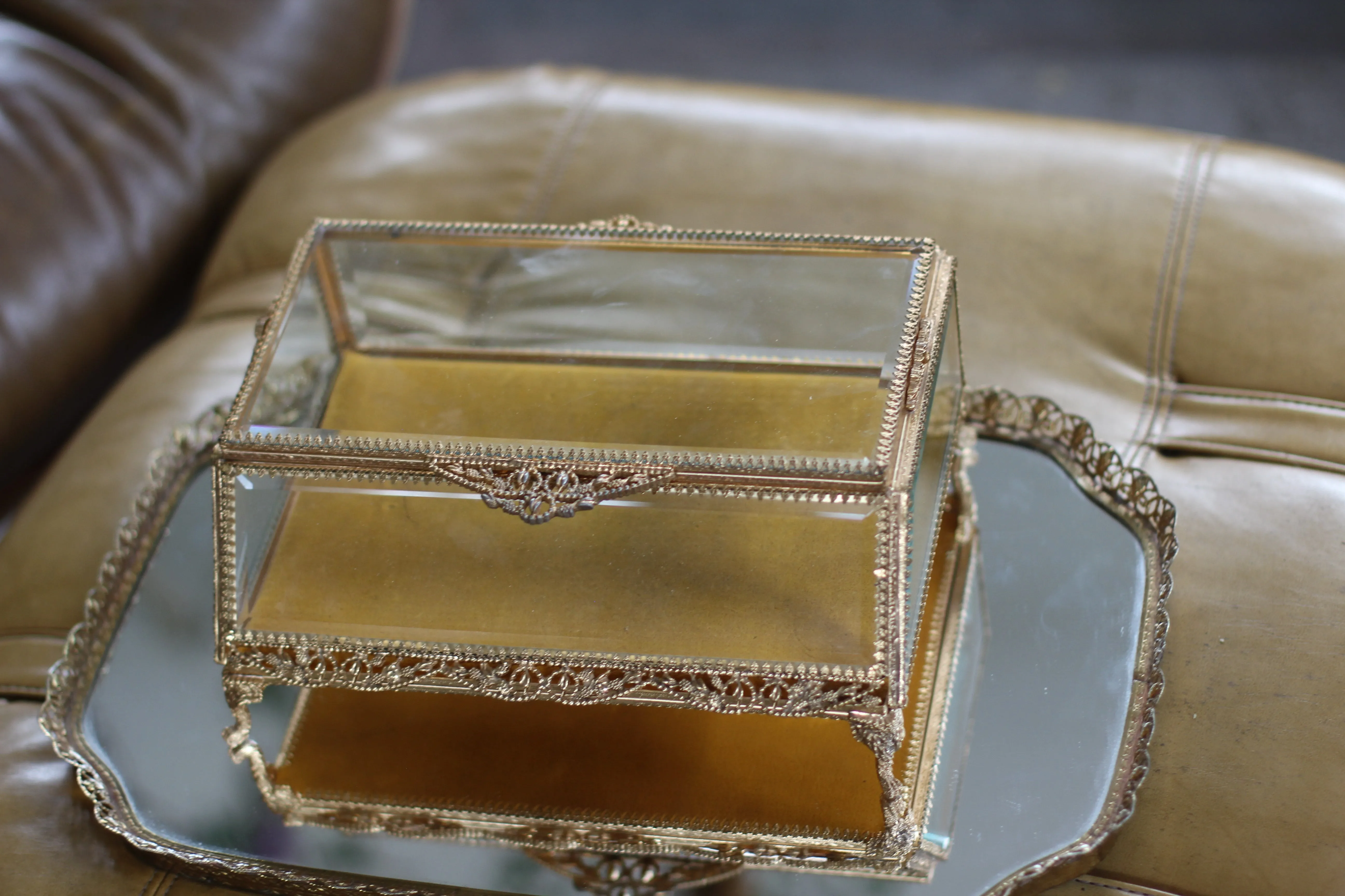 Antique French Filigree Claw Foot Mustard Velvet Jewelry Box