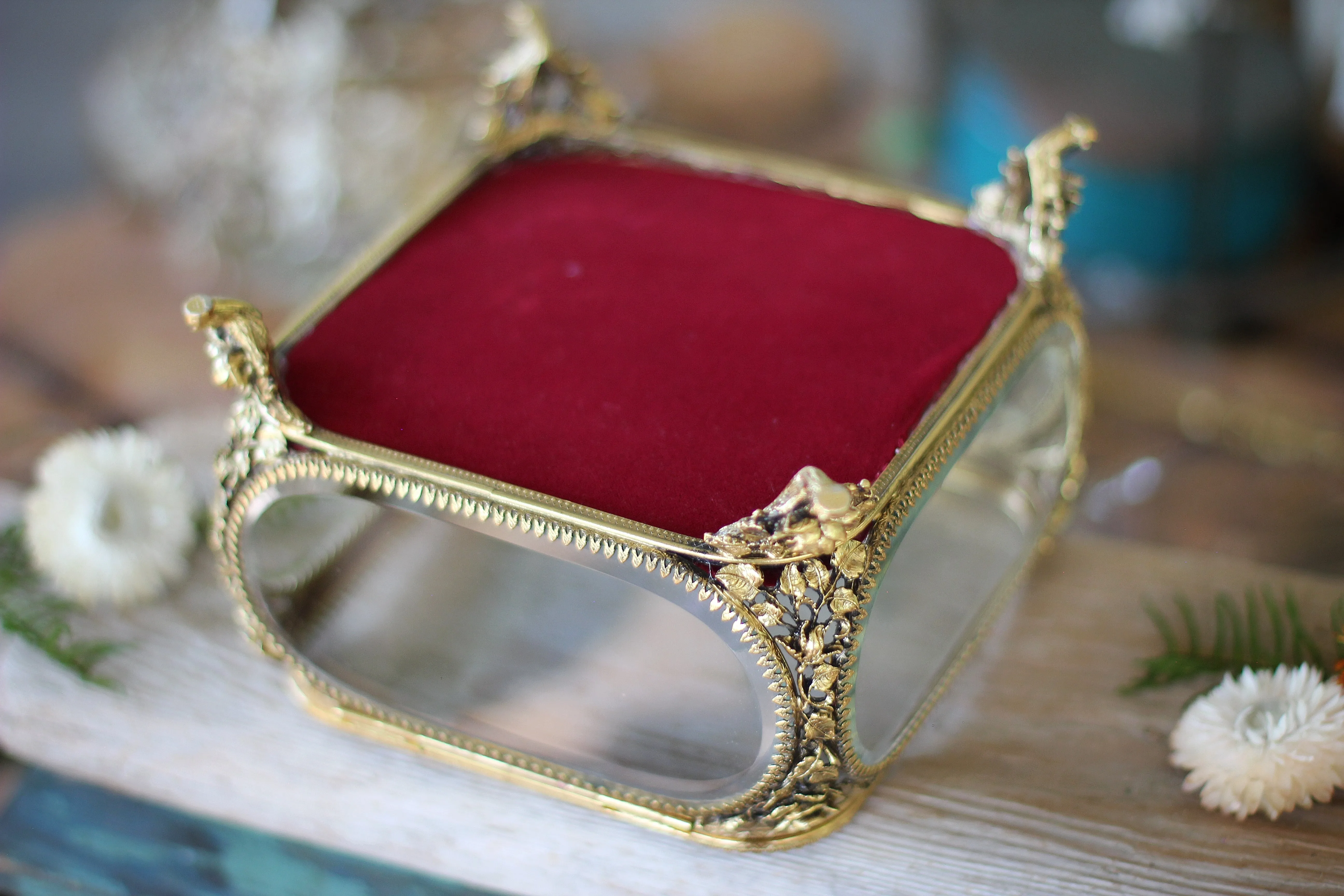 Antique Roses Tufted Burgundy Jewelry Box