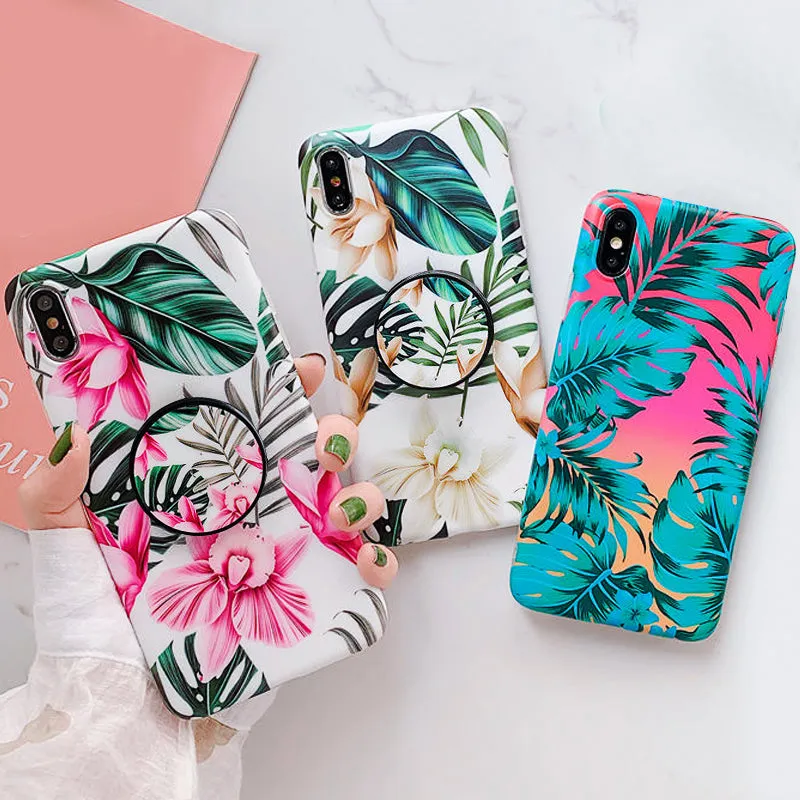 Anymob iPhone Peach Floral Ring Stand Case Back Cover Silicone Phone Cases