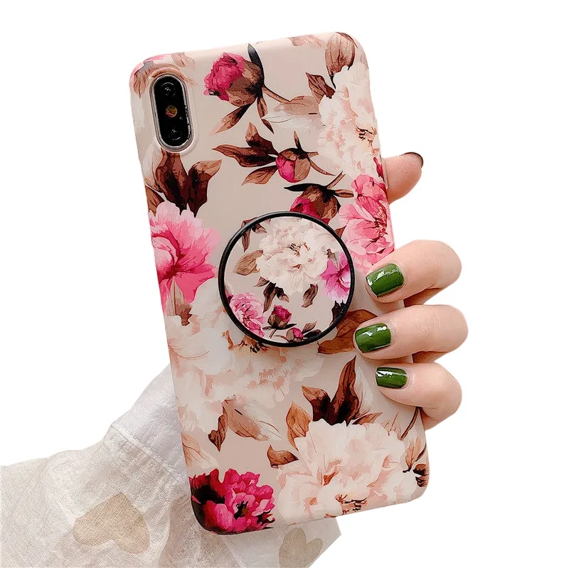 Anymob iPhone Peach Floral Ring Stand Case Back Cover Silicone Phone Cases