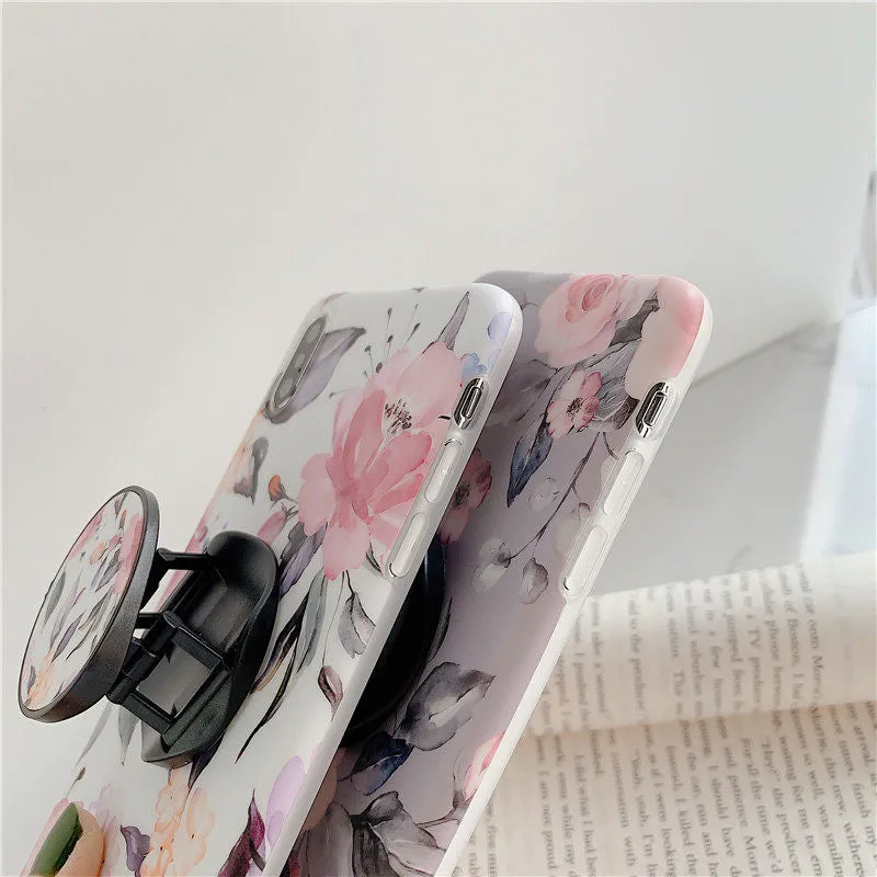 Anymob iPhone Peach Floral Ring Stand Case Back Cover Silicone Phone Cases