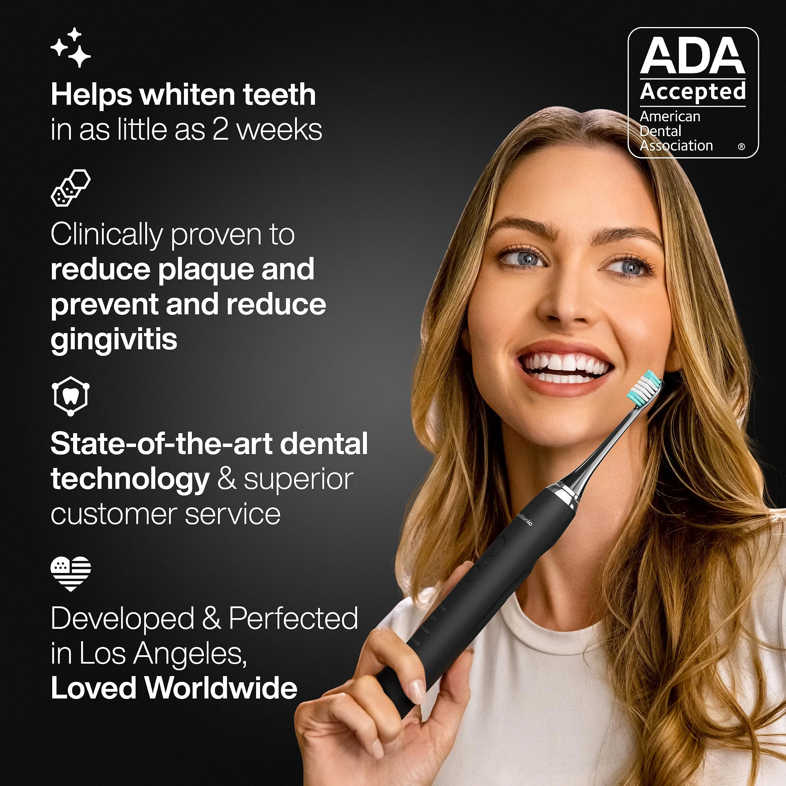 Aquasonic Black Series Ultra Whitening Toothbrush – ADA Accepted Electric Toothbrush- 8 Brush Heads & Travel Case – 40,000 VPM Electric Motor & Wireless Charging - 4 Modes w Smart Timer