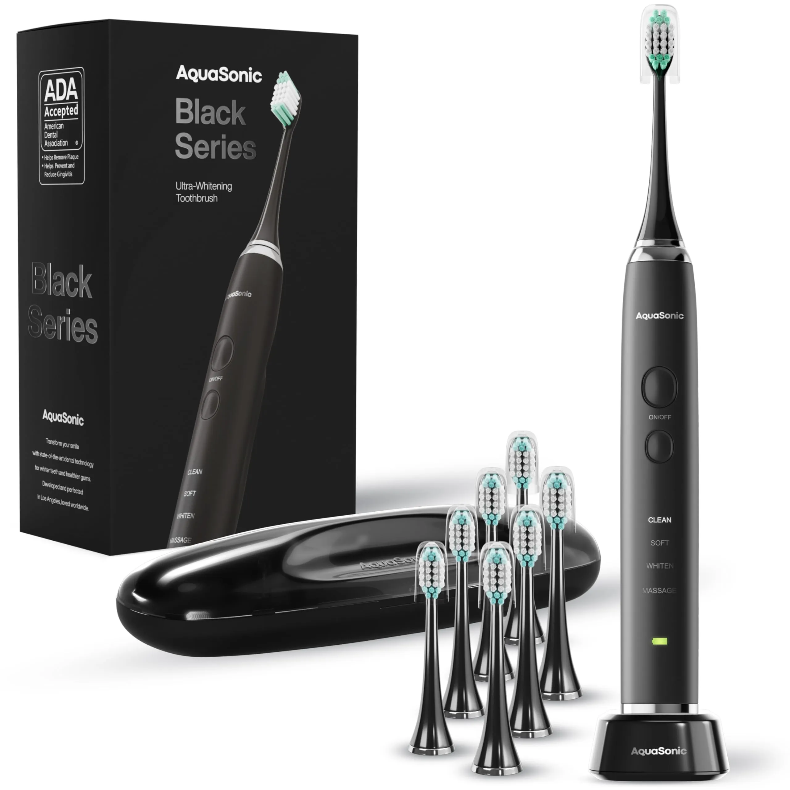 Aquasonic Black Series Ultra Whitening Toothbrush – ADA Accepted Electric Toothbrush- 8 Brush Heads & Travel Case – 40,000 VPM Electric Motor & Wireless Charging - 4 Modes w Smart Timer