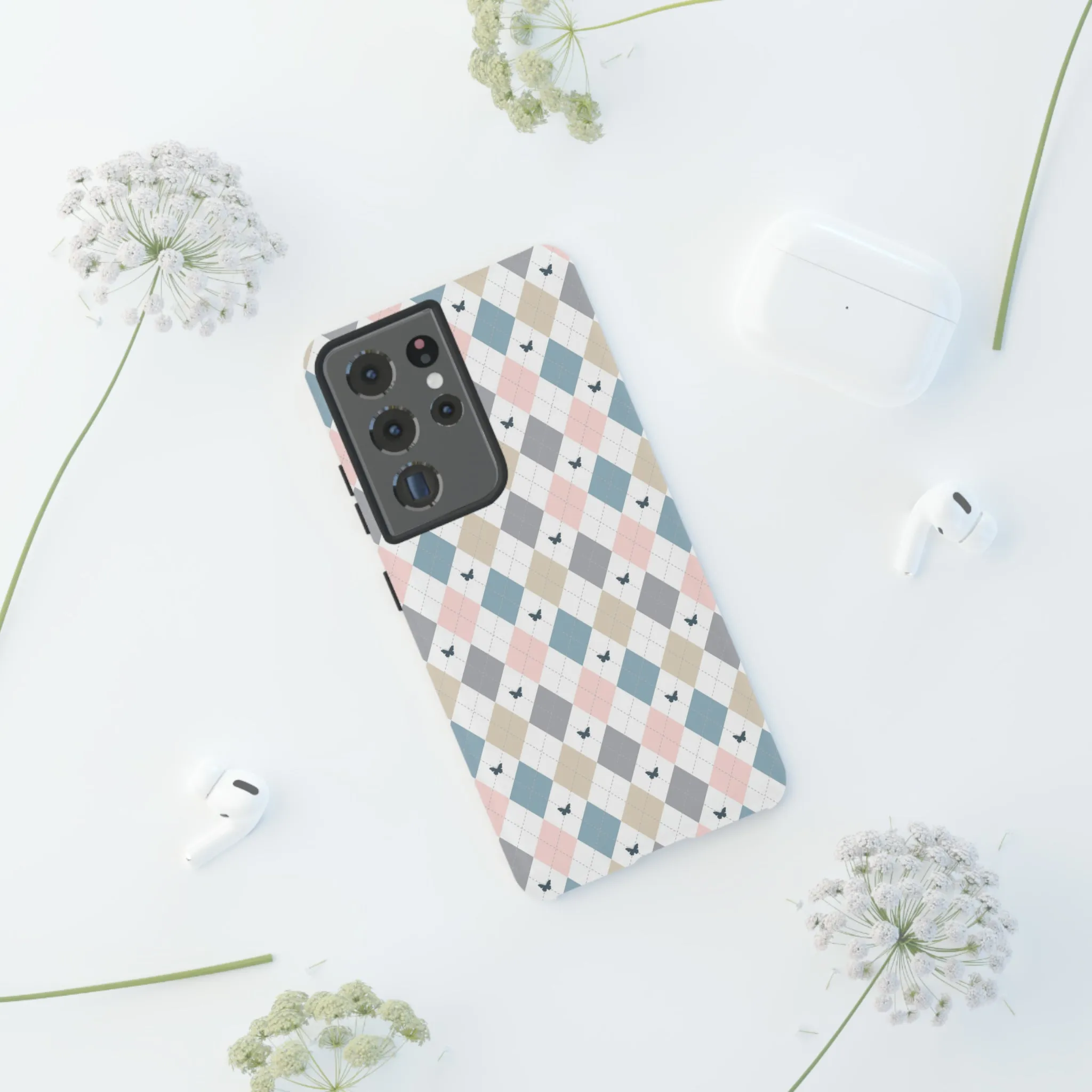 Argyle Pastel Plaid and Butterflies print design Tough Phone Case compatible with a large variety of Samsung models