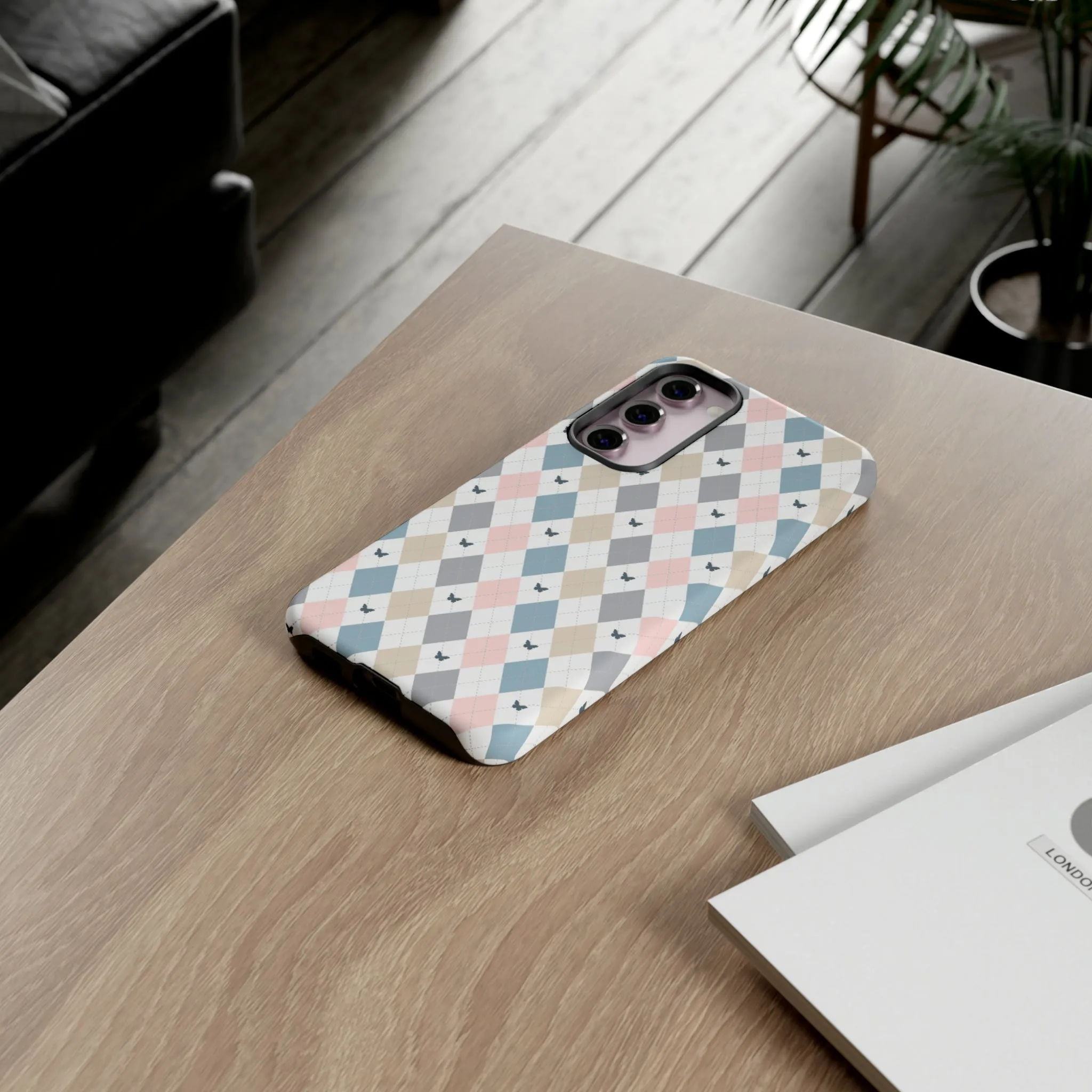 Argyle Pastel Plaid and Butterflies print design Tough Phone Case compatible with a large variety of Samsung models