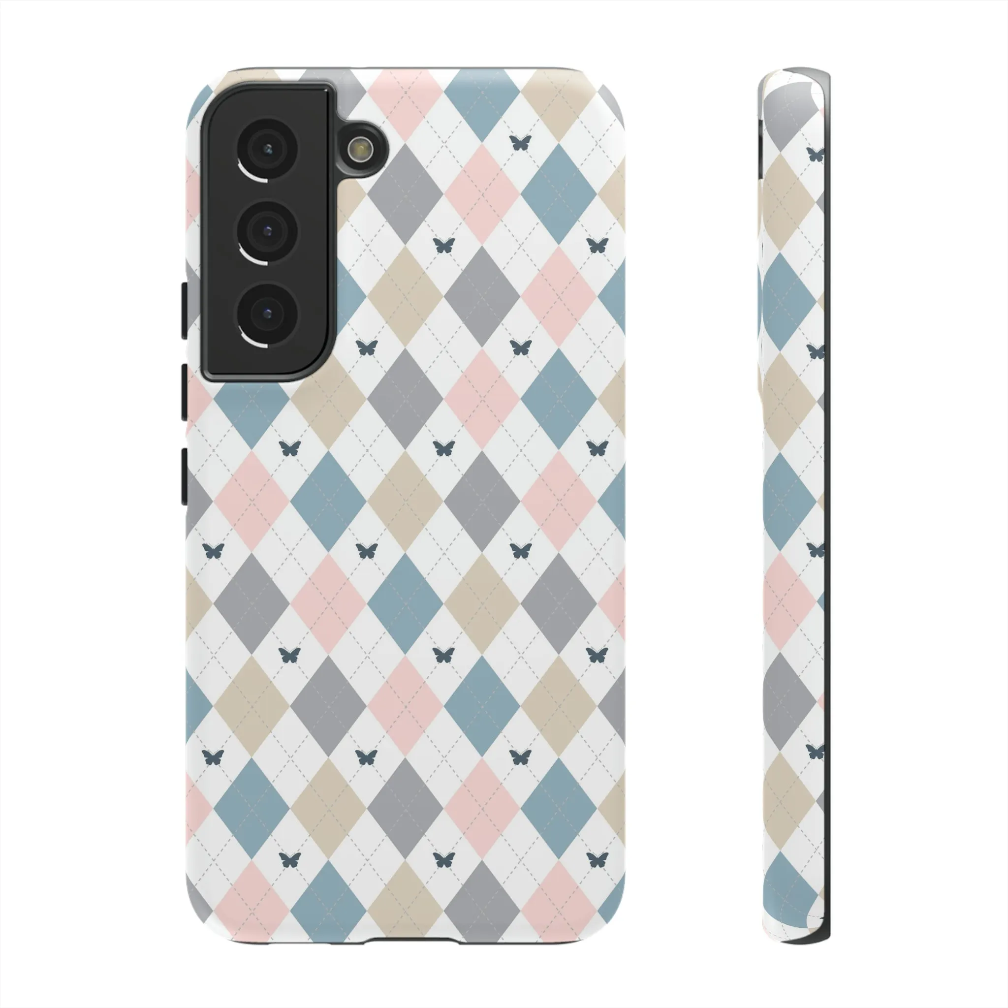 Argyle Pastel Plaid and Butterflies print design Tough Phone Case compatible with a large variety of Samsung models