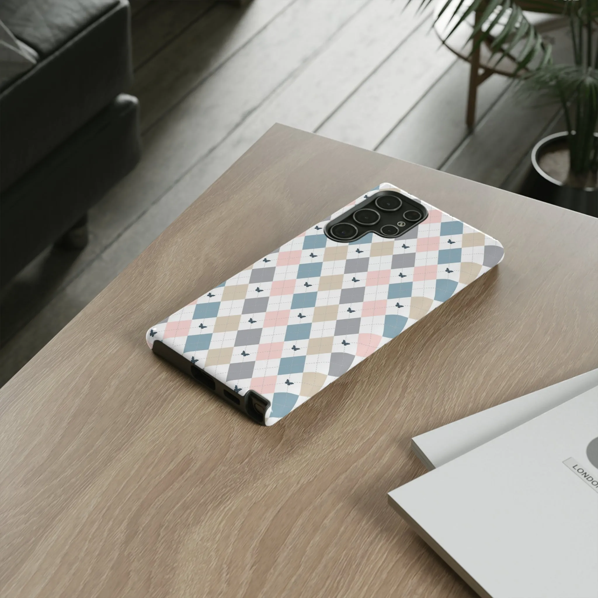 Argyle Pastel Plaid and Butterflies print design Tough Phone Case compatible with a large variety of Samsung models