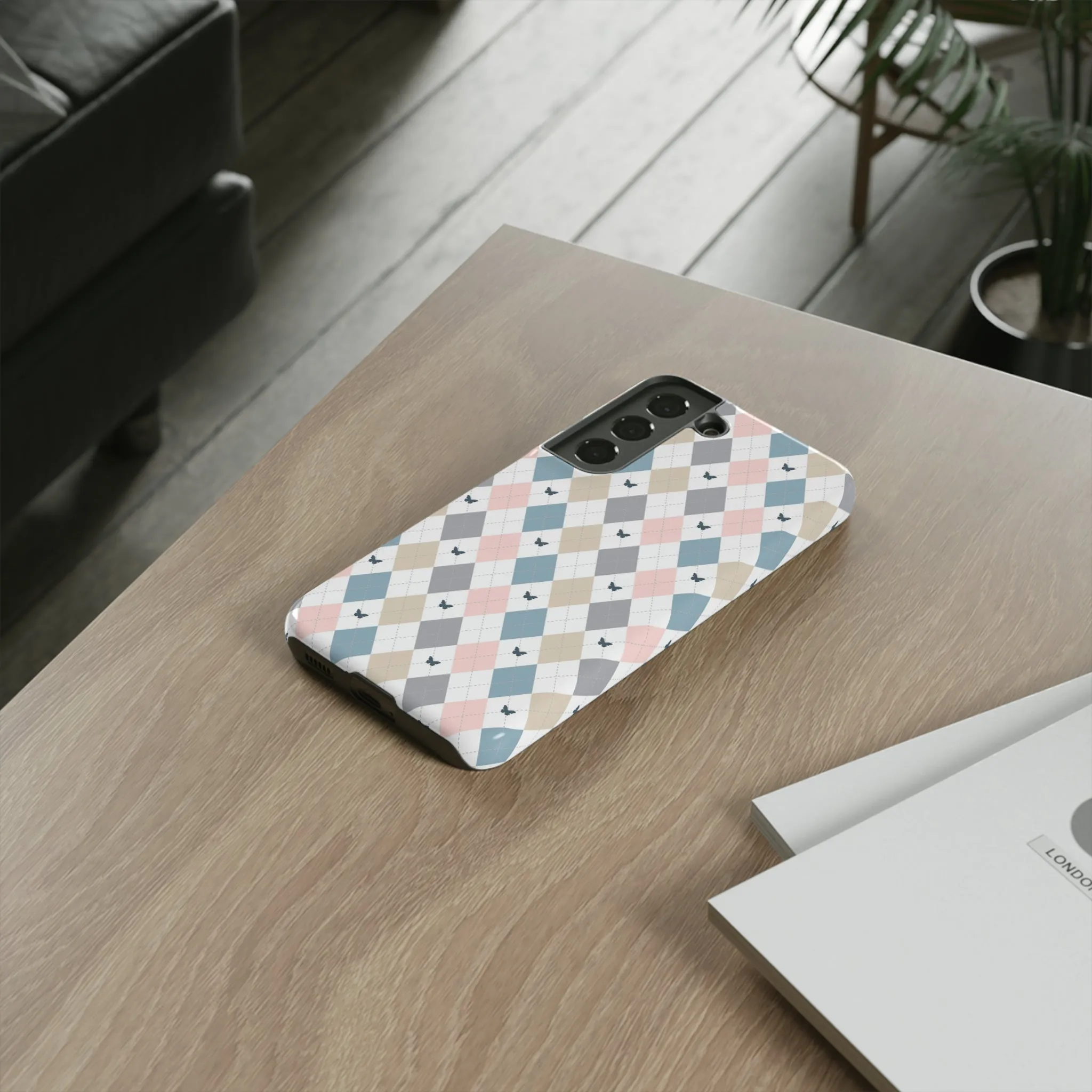 Argyle Pastel Plaid and Butterflies print design Tough Phone Case compatible with a large variety of Samsung models