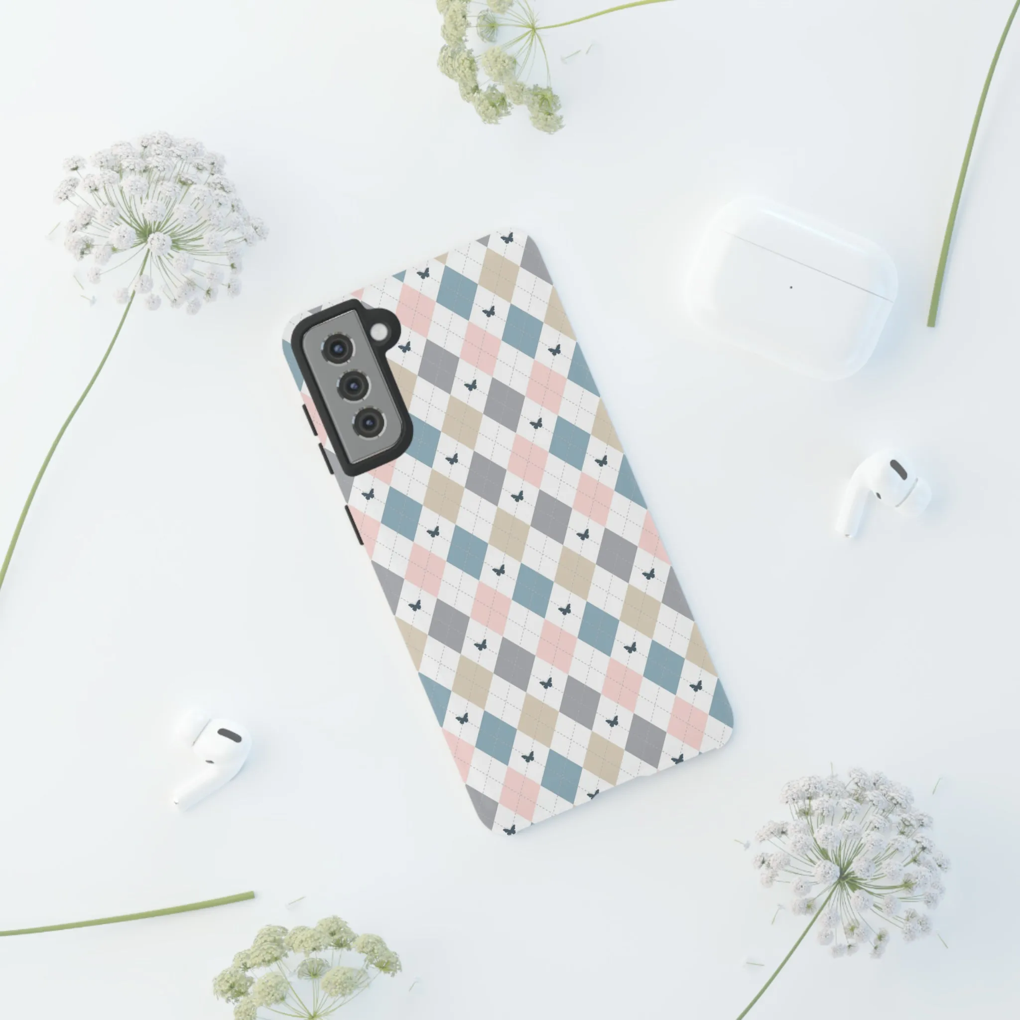 Argyle Pastel Plaid and Butterflies print design Tough Phone Case compatible with a large variety of Samsung models