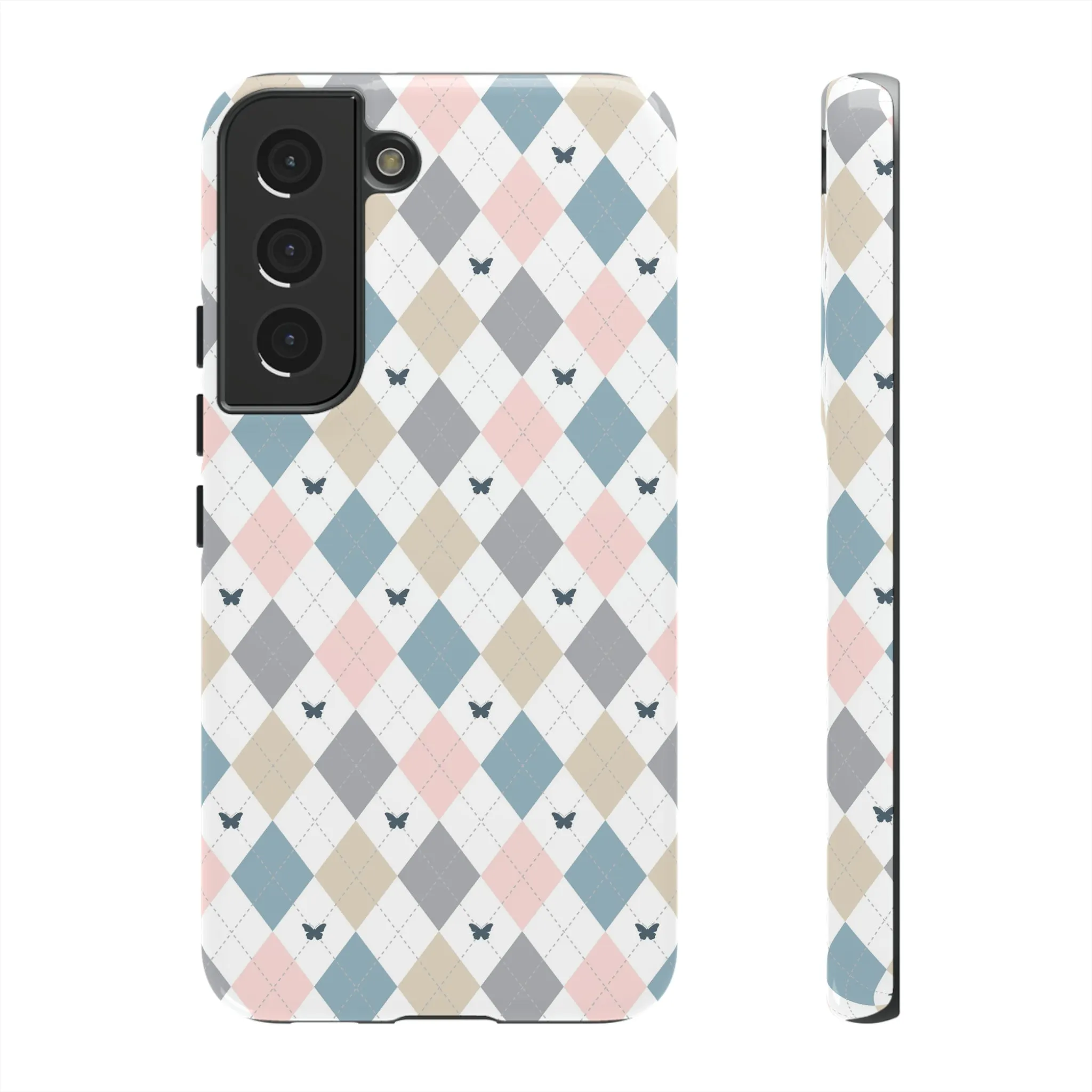 Argyle Pastel Plaid and Butterflies print design Tough Phone Case compatible with a large variety of Samsung models